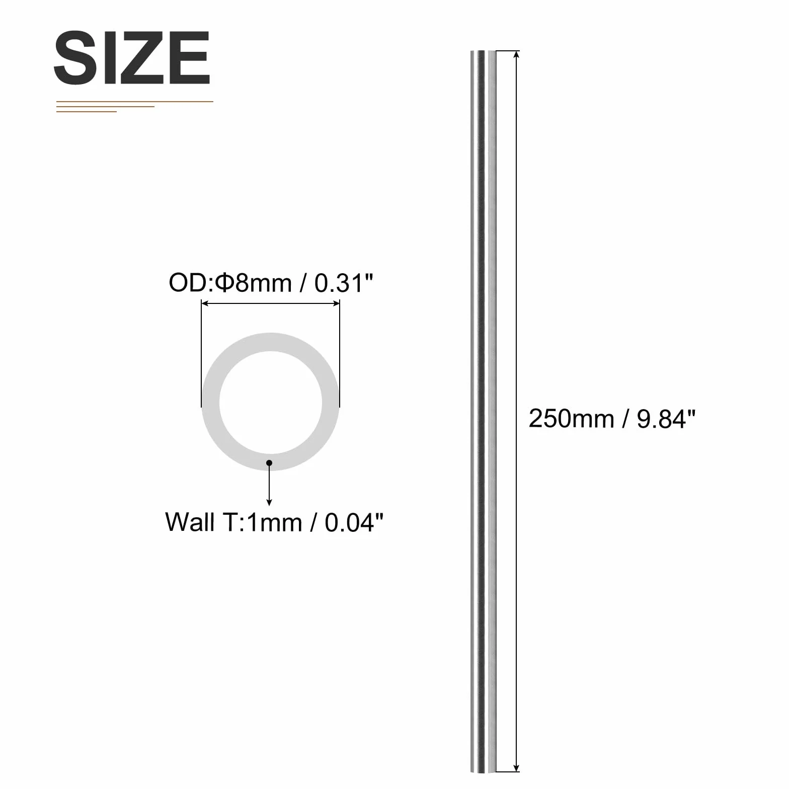 DTGN 8 mm x 1 mm x 250 mm (ADxWall TxL) rura ze stali nierdzewnej 304 - 2 sztuki - dobre do wyposażenia maszynowego - polerowane węże metalowe