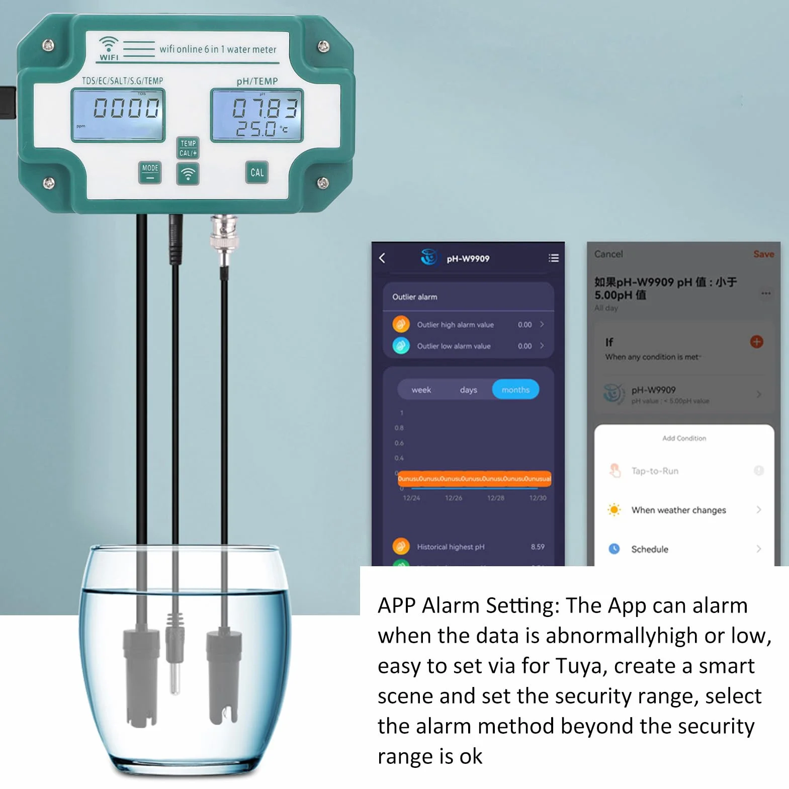Wielofunkcyjny Miernik Jakości Wody 6 w 1 Połączenie WiFi PH TDS EC SG Tester Temperatury Soli do Akwarium(EU)