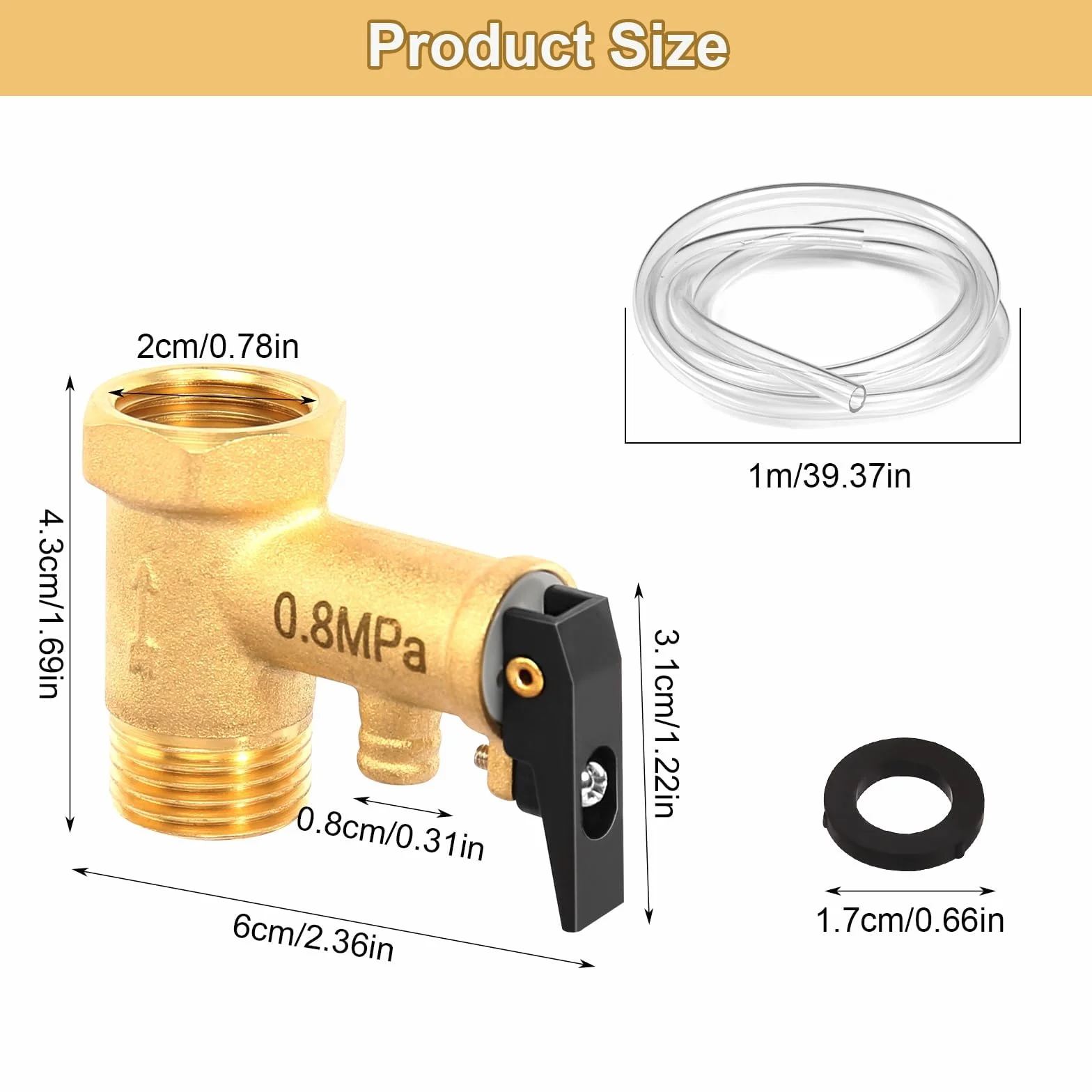 Zawór bezpieczeństwa 1/2 cala, 0,8 MPa mosiężny zawór bezpieczeństwa z 1M rurką prowadzącą i uszczelką, 1/2" IG x 1/2" AG zawór odprężający do podgrzewaczy wody Zawór zwrotny