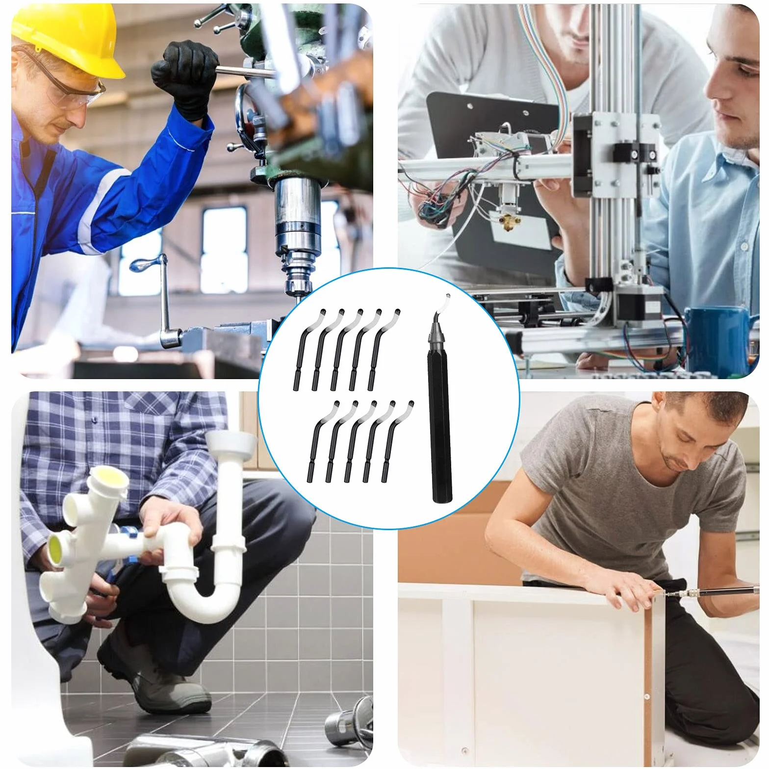 QIMEI-SHOP Narzędzie do usuwania zadziorów z 10 ostrzami, obracany o 360°, metalowy uchwyt, narzędzie do usuwania zadziorów do drukarki 3D, tworzywo sztuczne, aluminium, stal nierdzewna, 11 sztuk