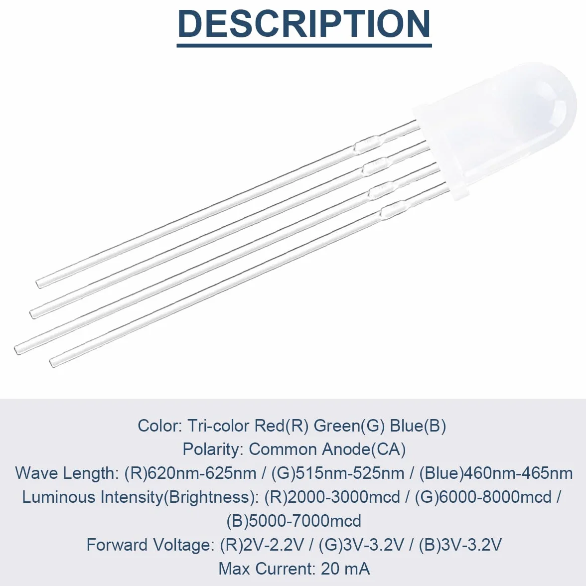 Dioda LED RGB Tri-Color 5mm 4Pin Wspólna Anoda DC 3V 20mA Matowa Okrągła 100 sztuk