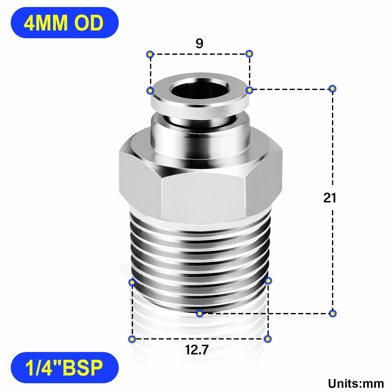 TAILONZ PNEUMATIC 304 stal nierdzewna męska prosta rura 4 mm OD x 1/4 BSP złączki wtykowe PC4-02 (5 szt.)