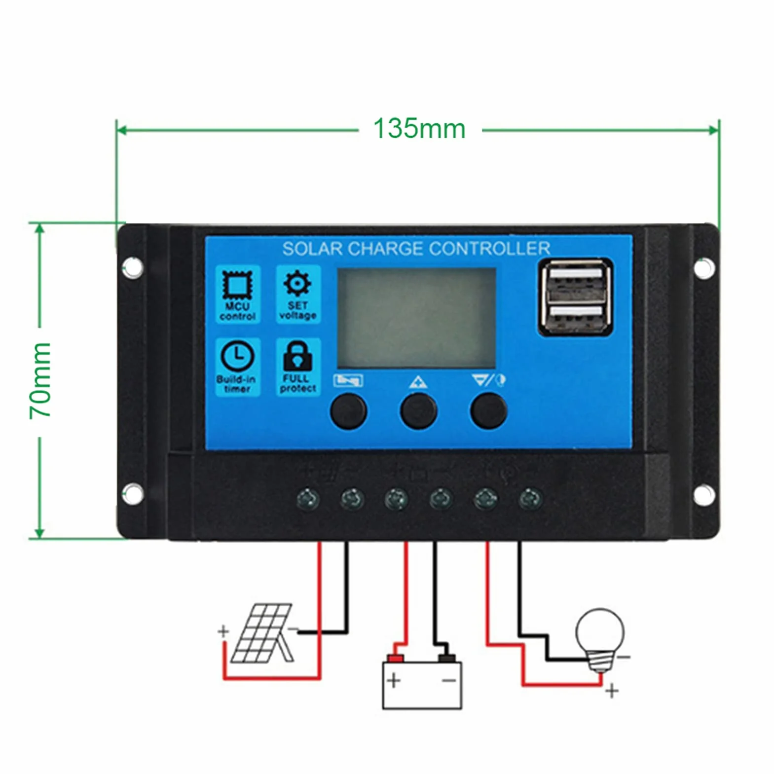 Kontroler ładowania słonecznego, 60A/50A/40A/30A/20A/10A 12V 24V Automatyczny regulator ładowania słonecznego Kontroler PWM Podwójny port USB PWM Ładowarka słoneczna PWM Wyświetlacz LCD (40A)
