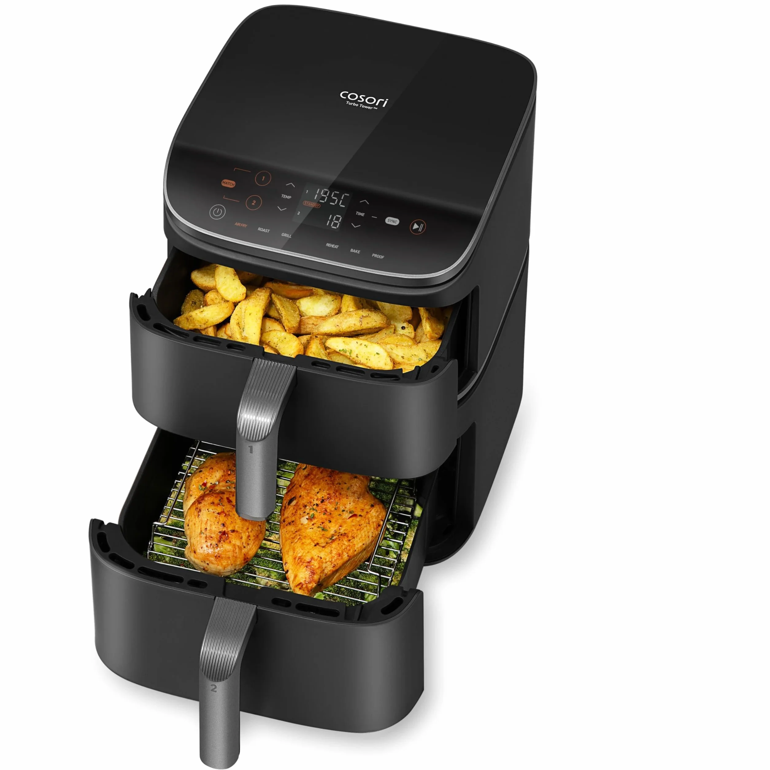 COSORI Turbo Tower frytkownica na gorące powietrze z 2 komorami, 10,8 l Double Stack Airfryer, oszczędza 41% powierzchni kuchennej, turbo przepływ powietrza dla chrupiących rezultatów, w zestawie
