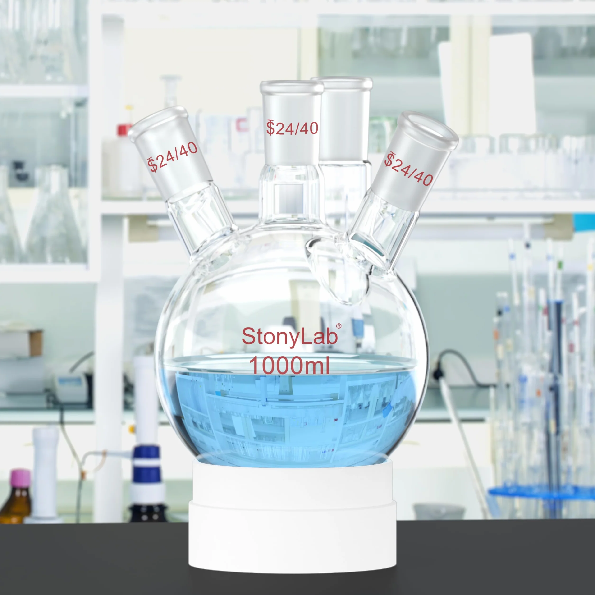 Butelka RBF z 4 szyjkami, okrągła podstawa, ciężka ścianka, szkło borokrzemowe, 1000 ml, standardowy stożek 24/40