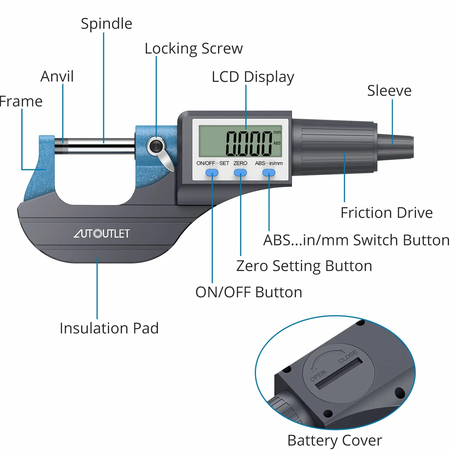 AUTOUTLET Cyfrowy mikrometr elektroniczny wyświetlacz LCD elektroniczny miernik 0~25 mm cyfrowy mikrometr zewnętrzny z trybami bezwzględnymi i przyrostowymi calami/metrycznymi