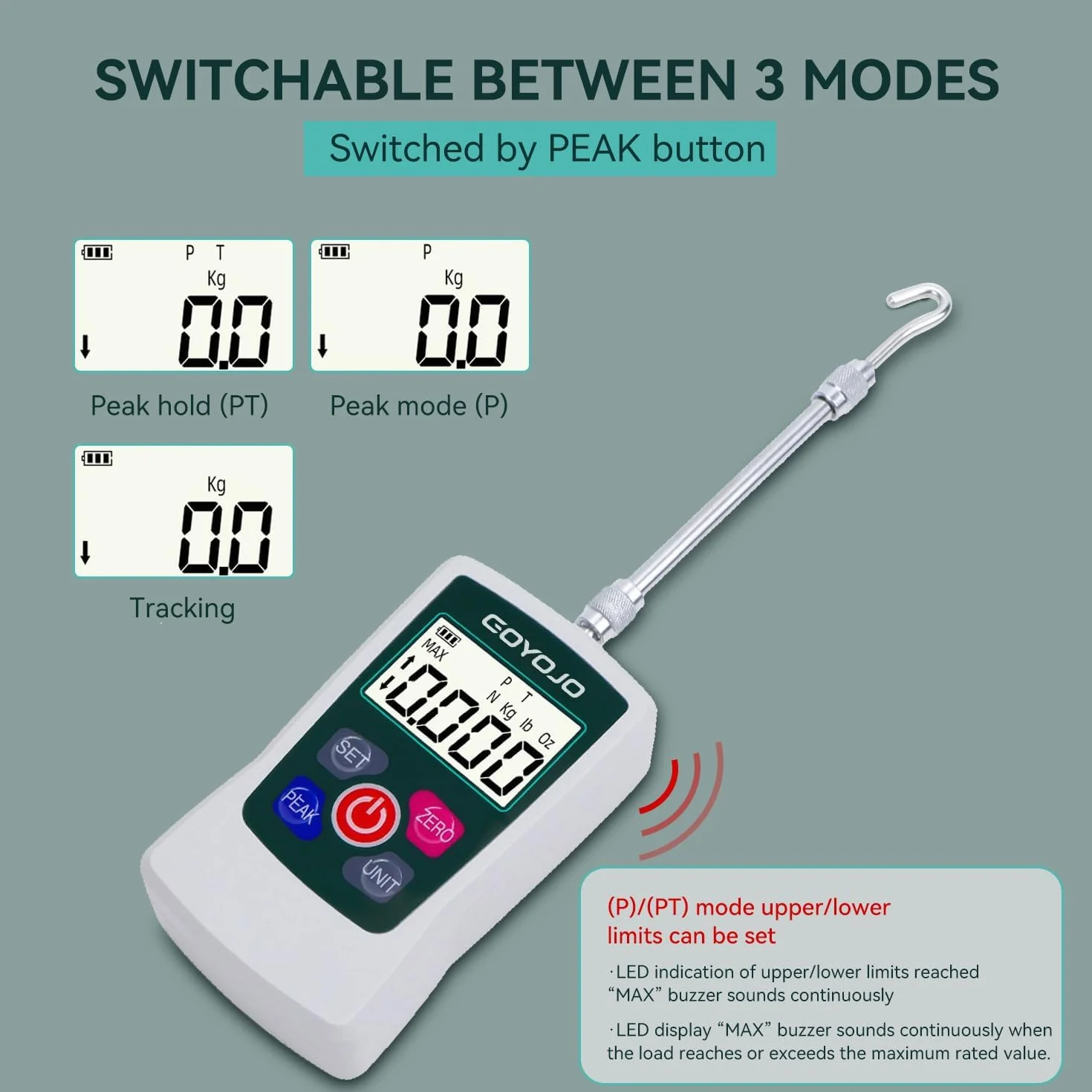 GOYOJO Cyfrowy miernik siły, precyzyjny miernik push-pull do testów rozciągania i kompresji jednostek (N, kg, lb, oz) Tryb czasu rzeczywistego/szczytowego/pierwszy szczyt (500N)