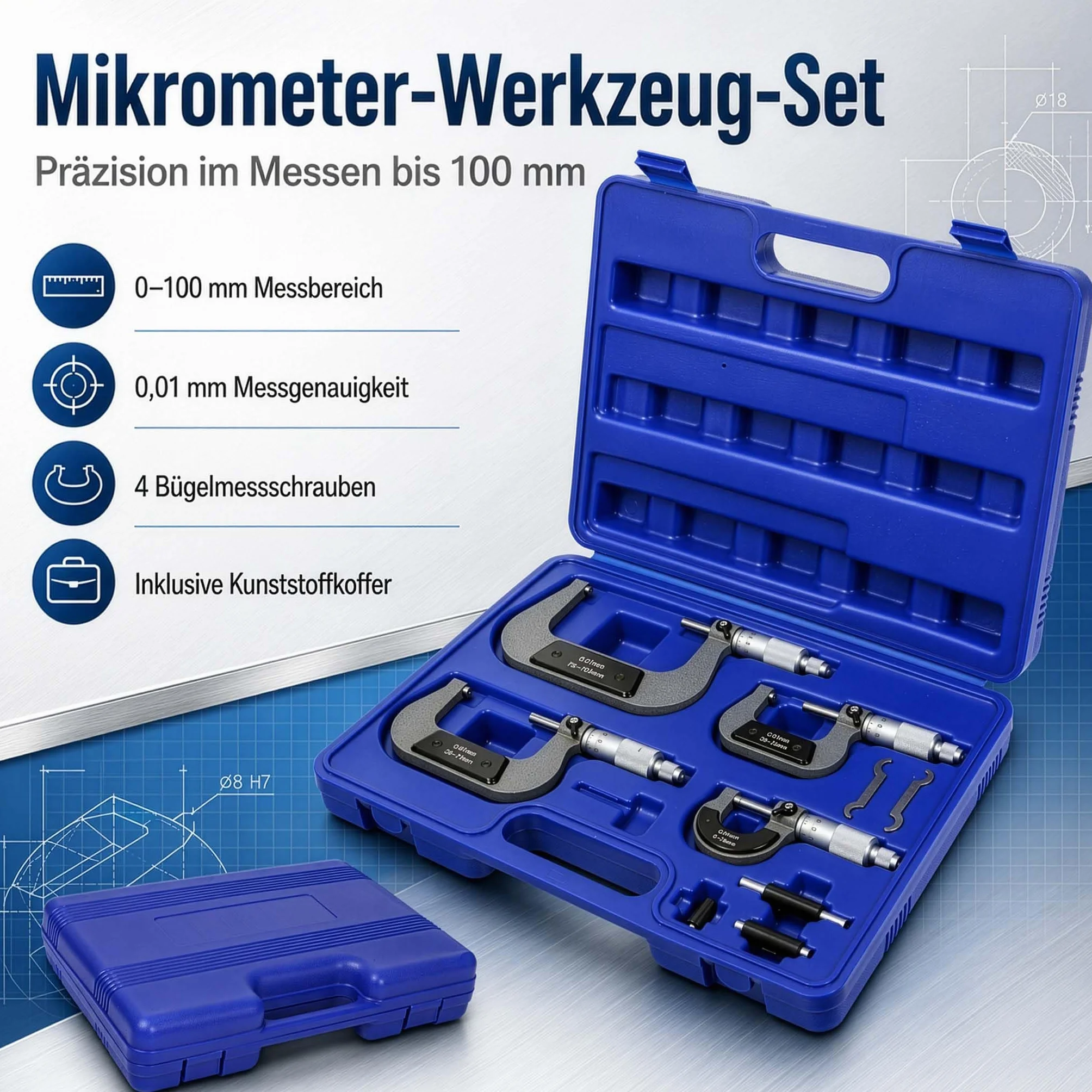 Zestaw mikrometrów Wiltec, zakres pomiarowy 0-100 mm, dokładność pomiaru 0,01 mm, zestaw narzędzi stalowych z 4 mikrometrami i etui