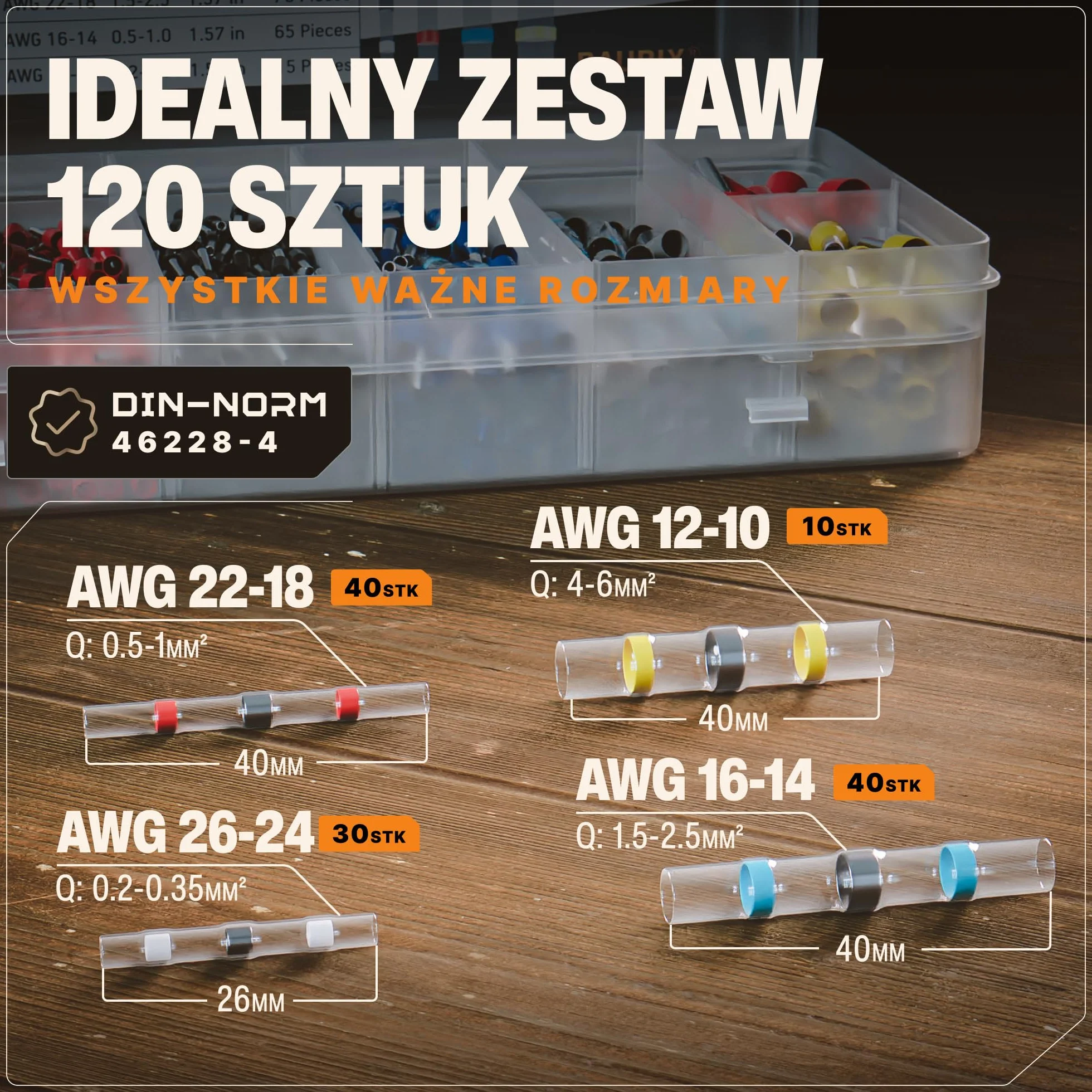 BAURIX® Zestaw Wodoodpornych Złączy Lutowniczych [120 Szt.] - IP67 - Termokurczliwe Do Połączeń Kablowych - Elektryczne