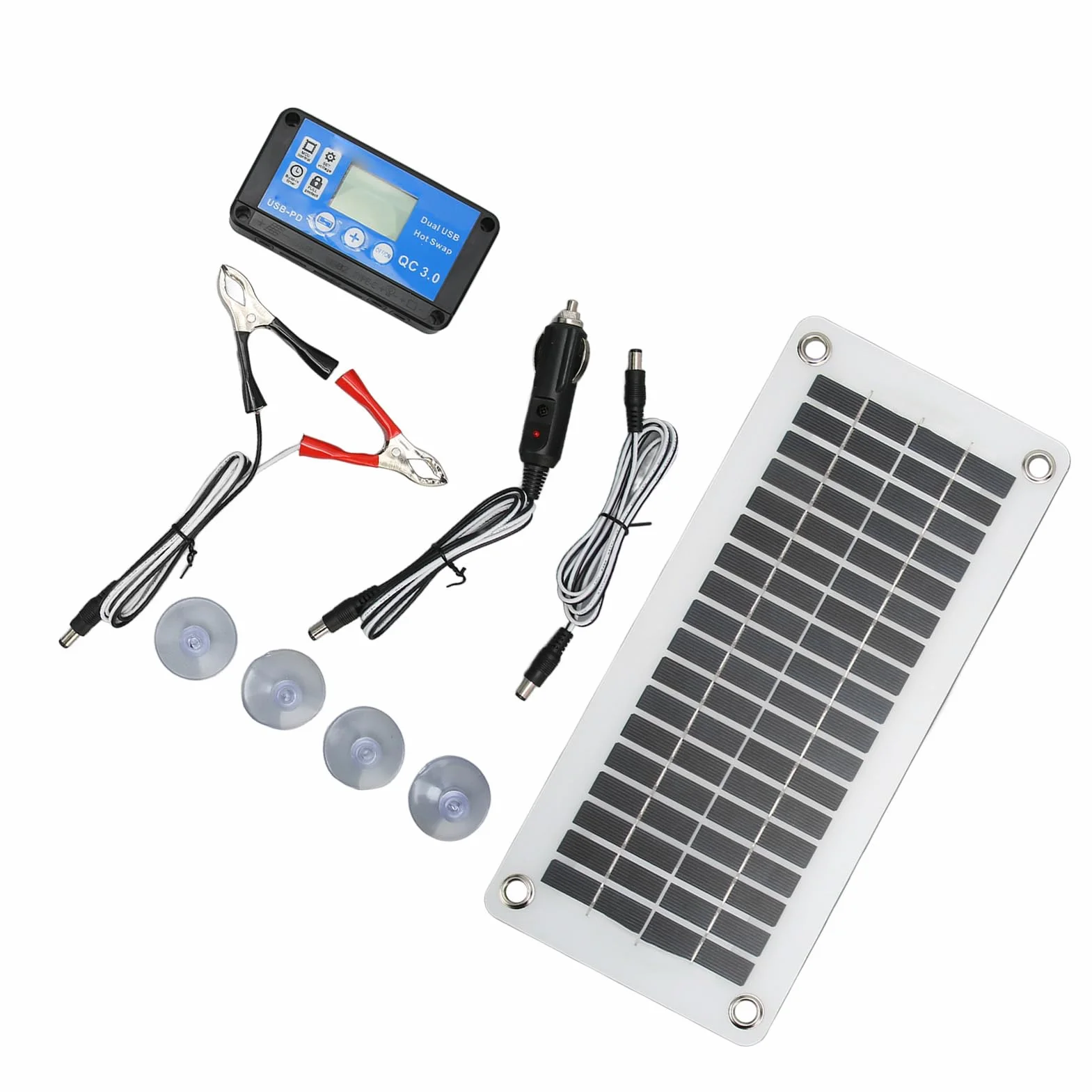 Zestaw paneli słonecznych 30 W, 12 V, przenośny moduł paneli słonecznych, odporne na warunki atmosferyczne, polikrystaliczne ogniwa słoneczne z kontrolerem, stała przyssawka do samochodu, statku, na
