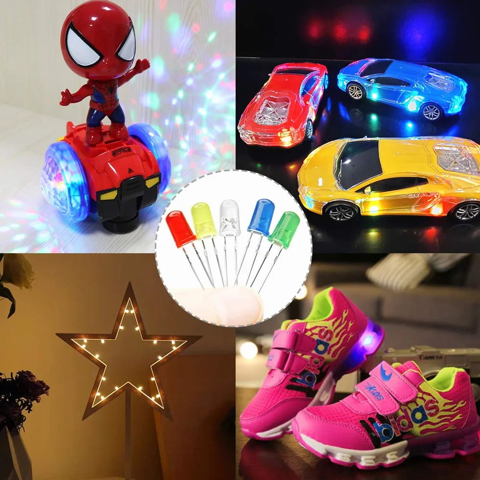 YIXISI 400 Sztuk 3mm zestaw diod LED, 2-pinowe diody elektroluminescencyjne, okrągła lampa LED, diody LED, zestaw rezystorów z różnymi kolorami diod, biały/zielony/czerwony/niebieski/żółty