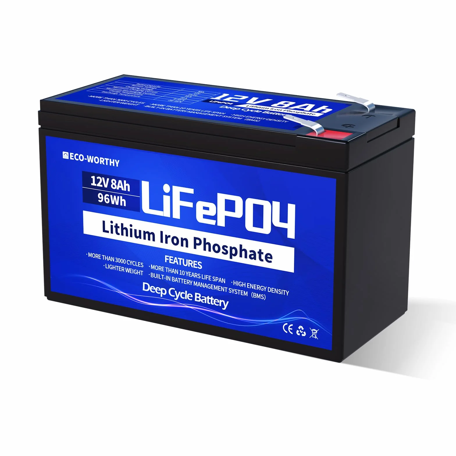 ECO-WORTHY LiFePO4 akumulator litowy 12 V 8 Ah z BMS do 15000 cykli