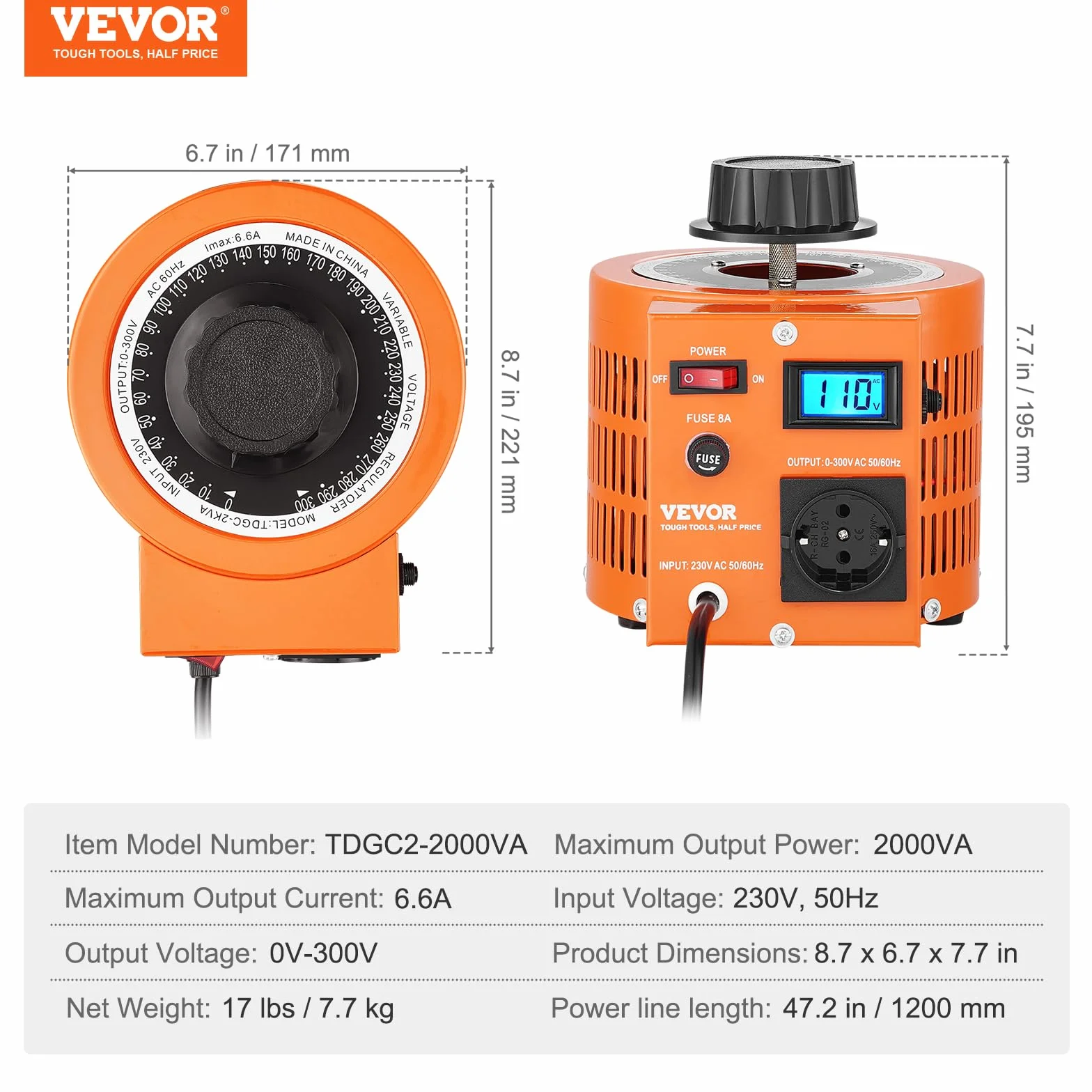 VEVOR Transformator nastawczy 2000 VA o zmiennym napięciu, 6,6 A, wejście 230 V, wyjście 0-300 V, regulator napięcia zmiennego, z wyświetlaczem LCD, 4 dodatkowe bezpieczniki, do domu, przemysłu, biura