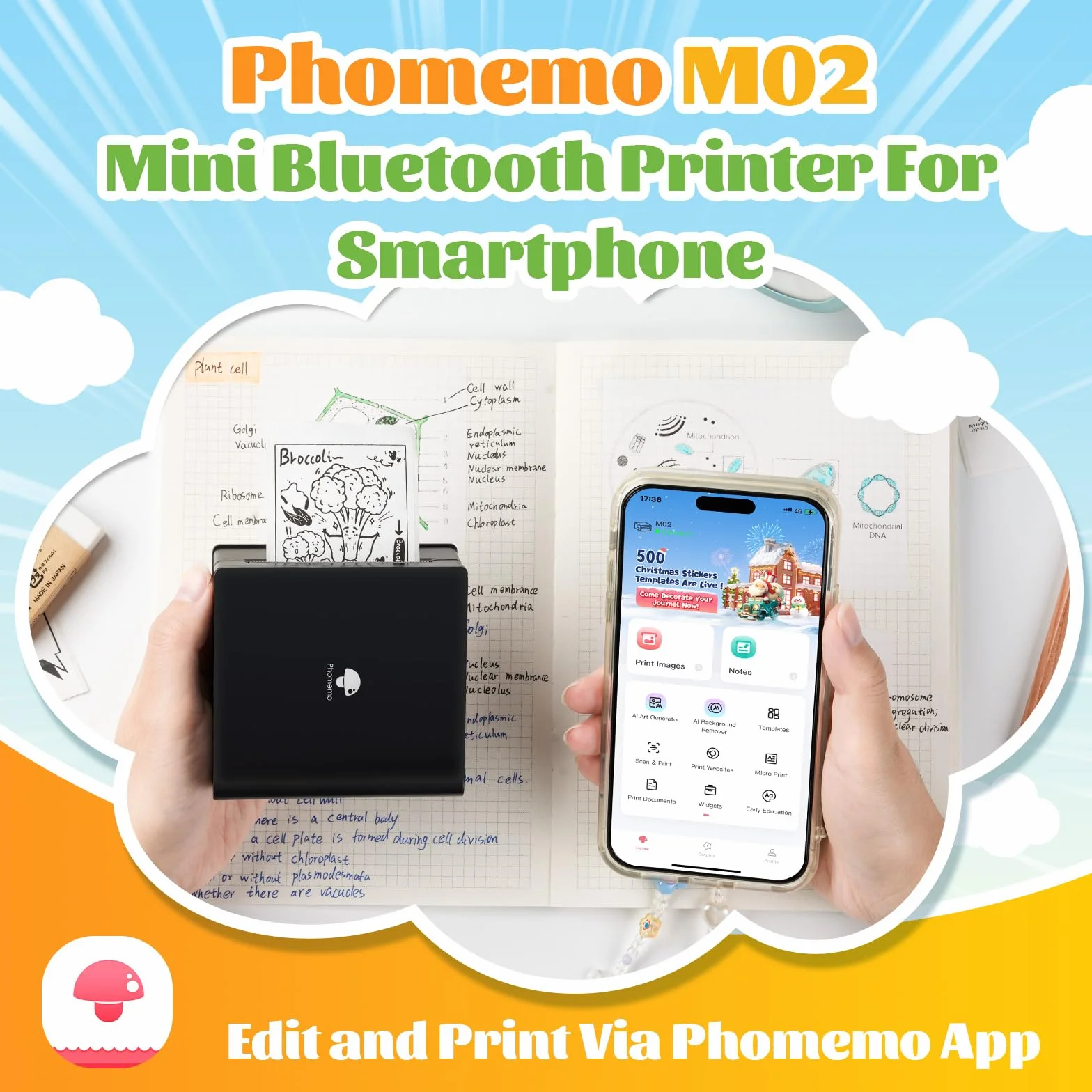Phomemo M02 Mini drukarka z 1 rolkami etykiet, drukarka kieszonkowa do smartfona, drukarka Bluetooth, drukarka termiczna do nauki, notatek, obrazów, zdjęć, pamiętników