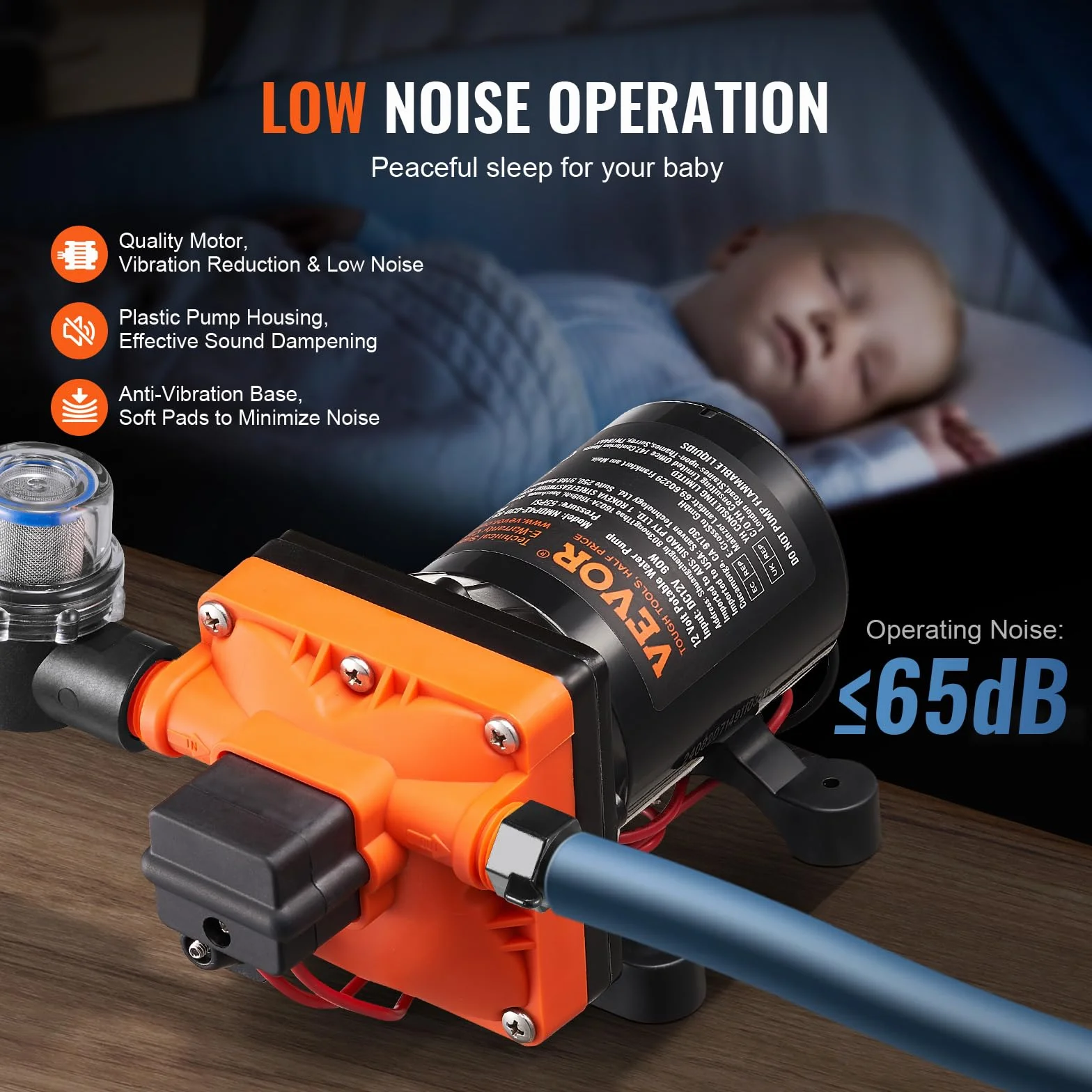 VEVOR Pompa membranowa 12 V, 3 GPM 11,36 l/min, 4-komorowa pompa wodna 12 V DC z automatycznym wyłącznikiem ciśnienia 40 – 100 PSI, 55 PSI, port MNPT do kamperów, jachtów, kamperów, kamperów, łodzi