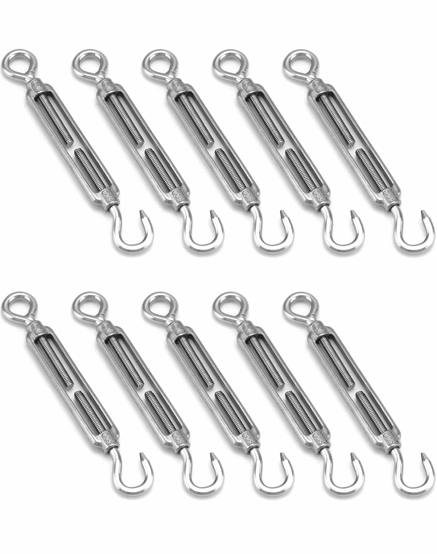 QWORK® 10 szt. Śruba rzymska M6 304 Stal nierdzewna, Regulowany hak i napinacz drutu oczkowego, Hak napinający