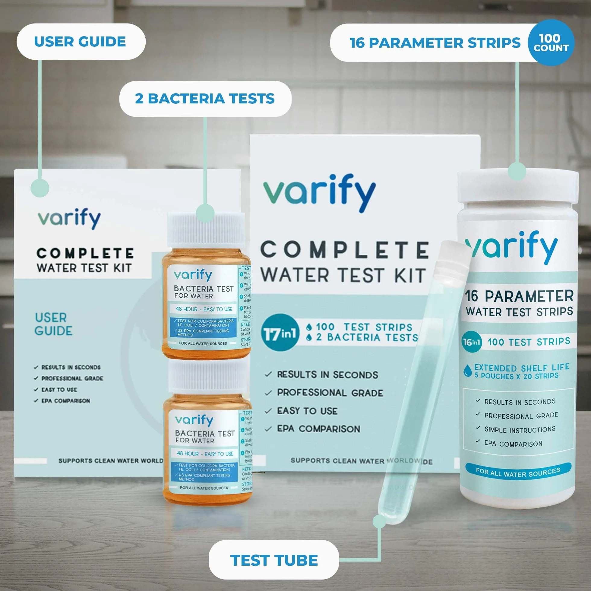 Zestaw do testowania wody 17 w 1 – 100 pasków + 2 testy Bacteria - Home Water Quality Test - Well and Tap Water - Easy Testing for Lead, Bacteria, Hardness, Fluoride, PH, Iron, Copper and More!