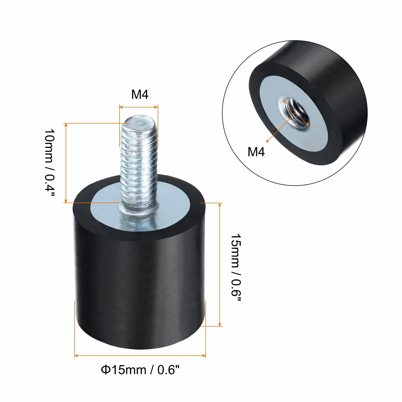 QUARKZMAN Gumowy izolator M4 x 10 mm 15 x 15 mm amortyzator wibracyjny ocynkowany z nakrętkami blokującymi M4