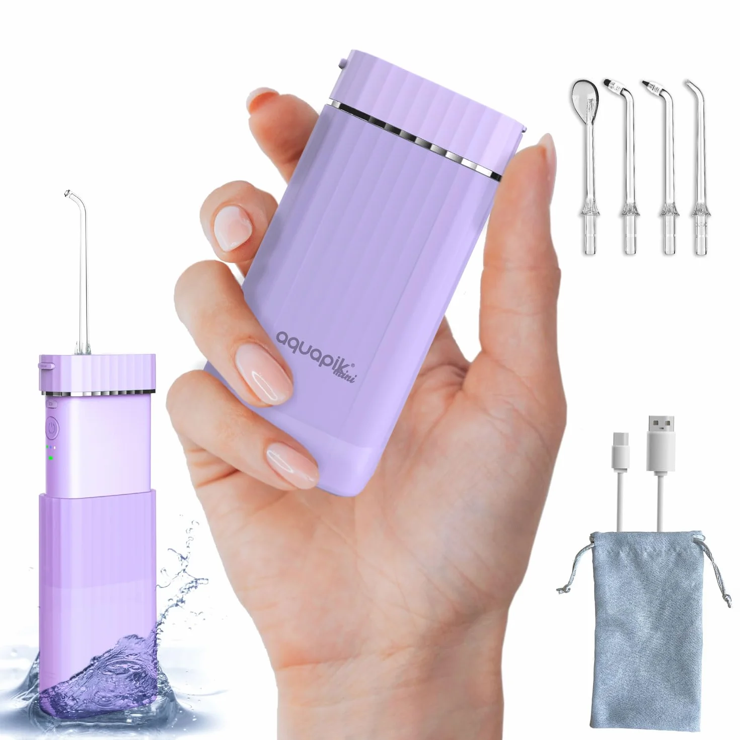 Aquapik Mini przenośny irygator dentystyczny. 3 tryby użytkowania, wodoodporny IPX7, 4 dysze w zestawie, akumulator i kompaktowy, idealny w podróży, polecany przez dentystów dla całej rodziny