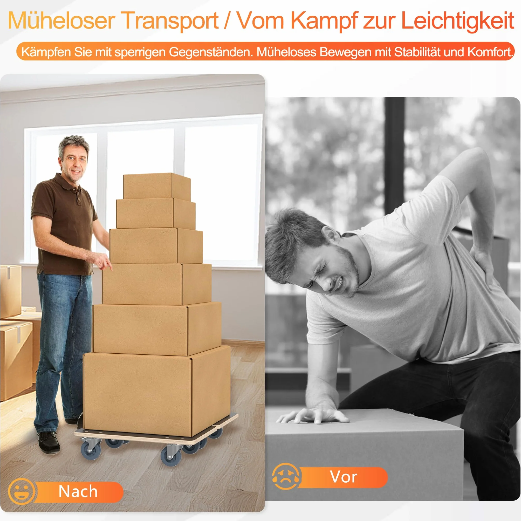 AufuN 1x wózek transportowy na kółkach 60x40x14,5 cm z hamulcem, wózek transportowy do mebli z pomocą przy przeprowadzce, do transportu mebli o udźwigu do 200 kg, wytrzymały i bezpieczny