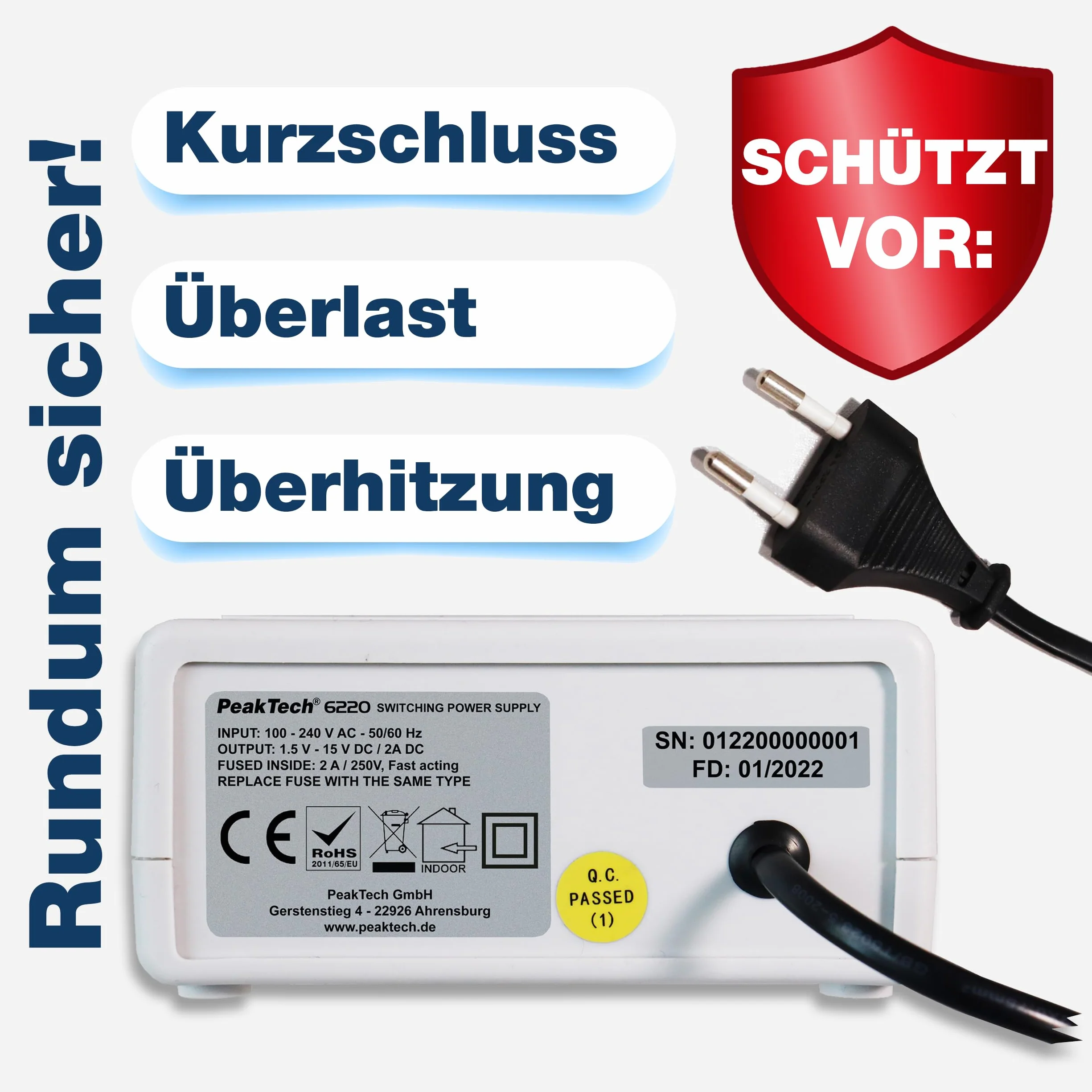 PeakTech 6220 Mini DC Zasilacz Impulsowy Regulowany 1,5-15 V / 2 A Laboratoryjny z Wyświetlaczem LED