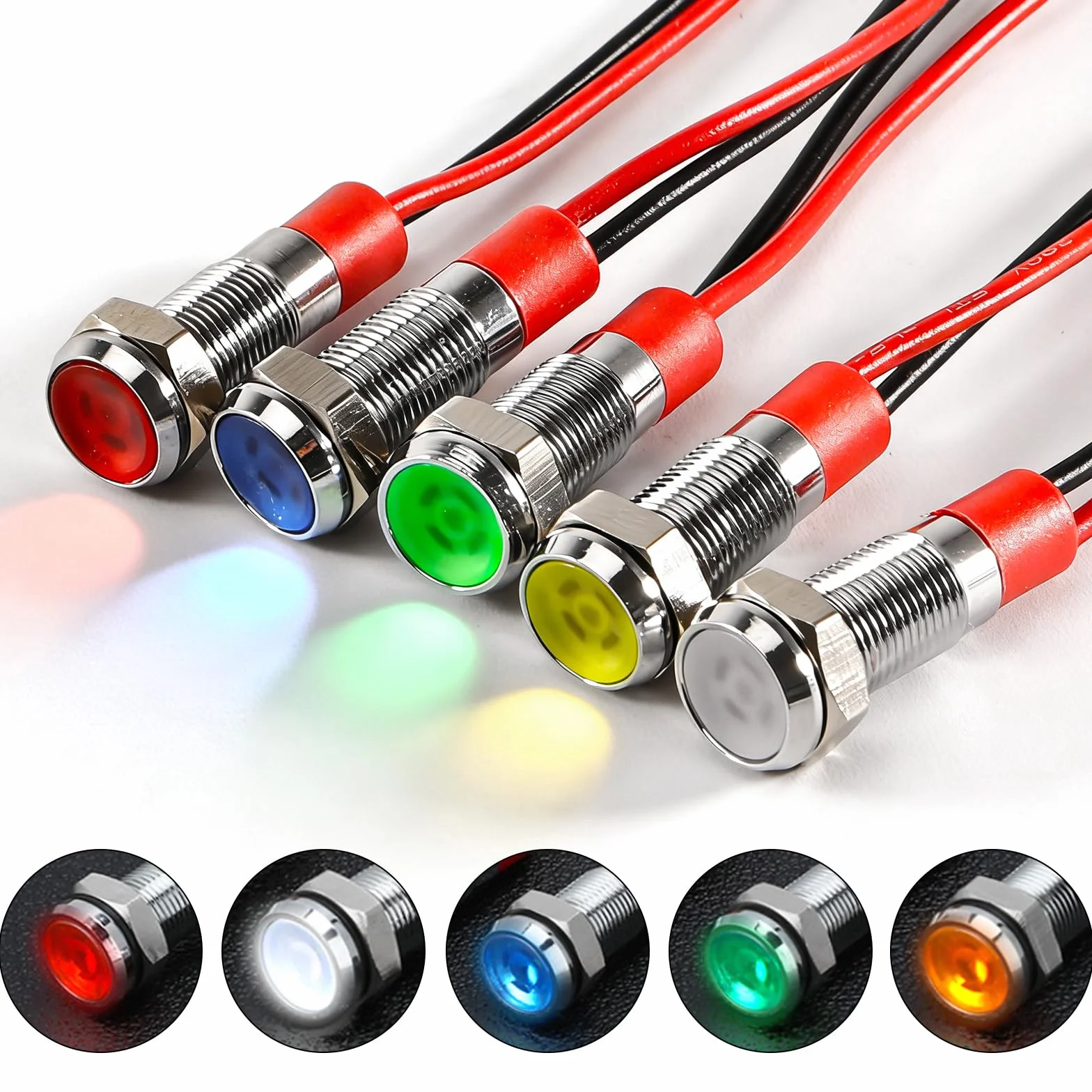 Joycabin 10 sztuk metalowych lamp LED 6 mm, wodoszczelna, AC 12-24 V, zestaw lampek kontrolnych LED do motocykli, samochodów dostawczych, łodzi, samochodów (po 2 sztuki, kolor żółty, zielony