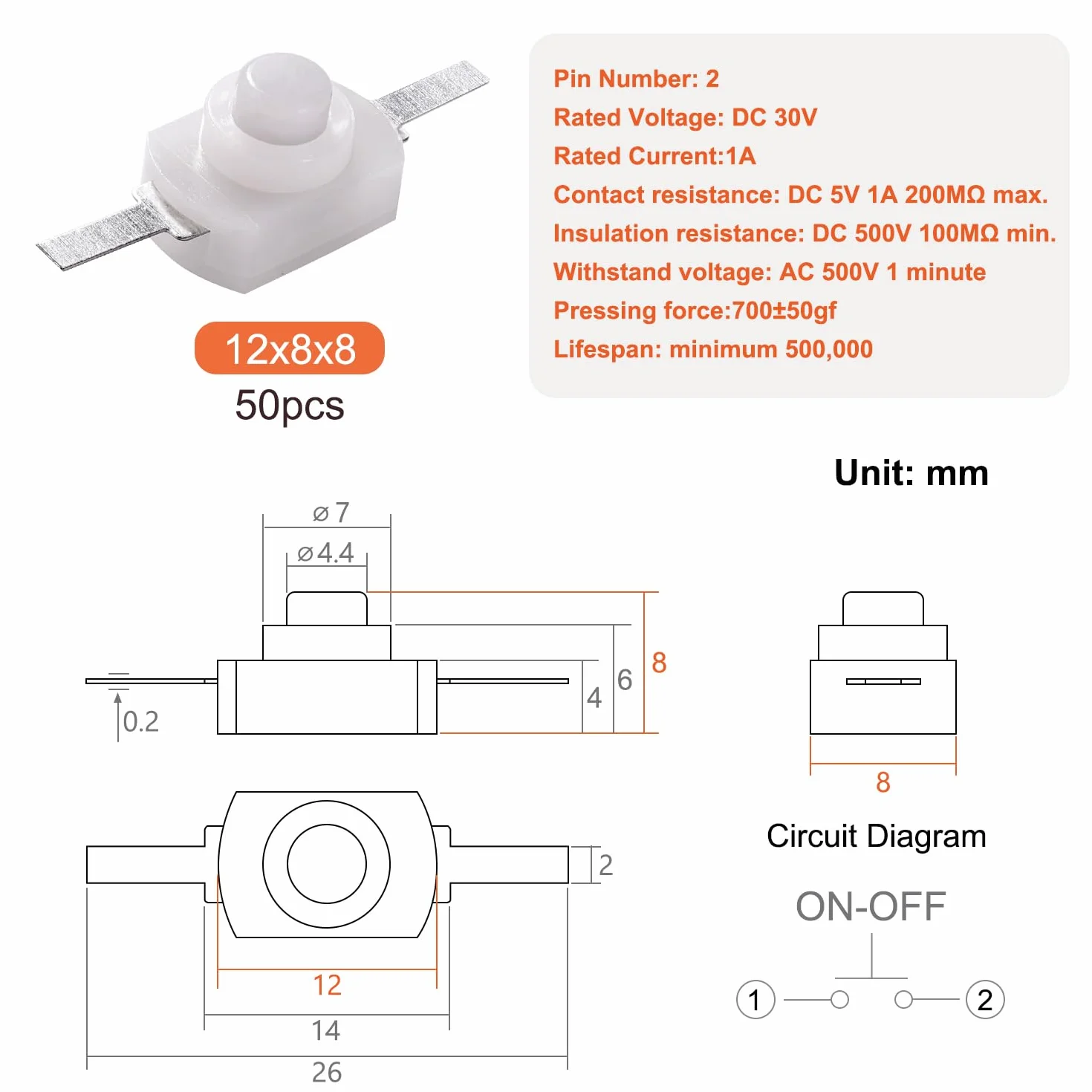 Przełącznik Przyciskowy Zatrzaskowy 12x8x8 mm DC 30V 1A Biały