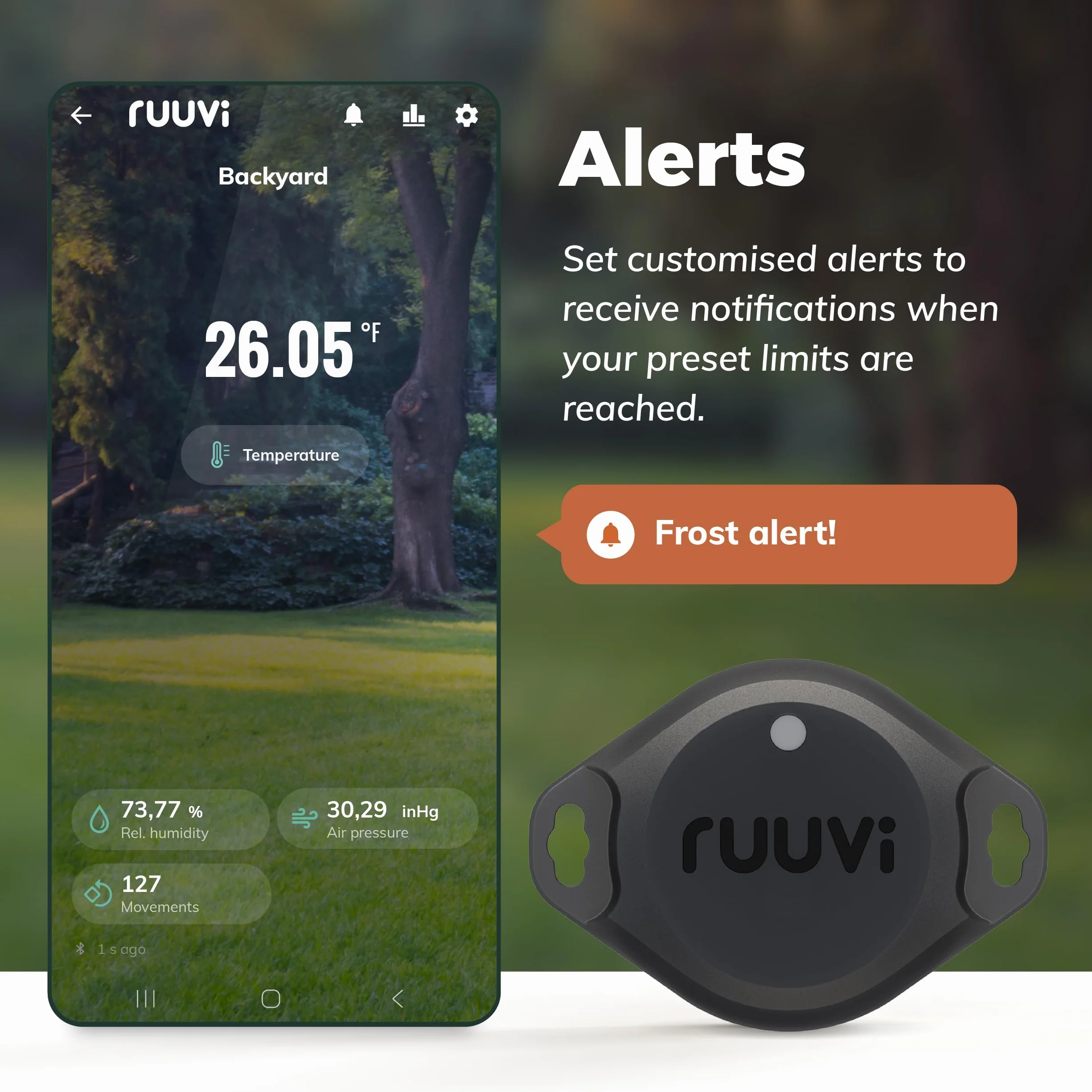 Ruuvi Tag Pro 4w1 bezprzewodowa temperatura Bluetooth (°C/°F), wilgotność powietrza i ciśnienie powietrza. Alerty i historia. Darmowe aplikacje na Android/iOS. Integracja z Victron, Homey i Home