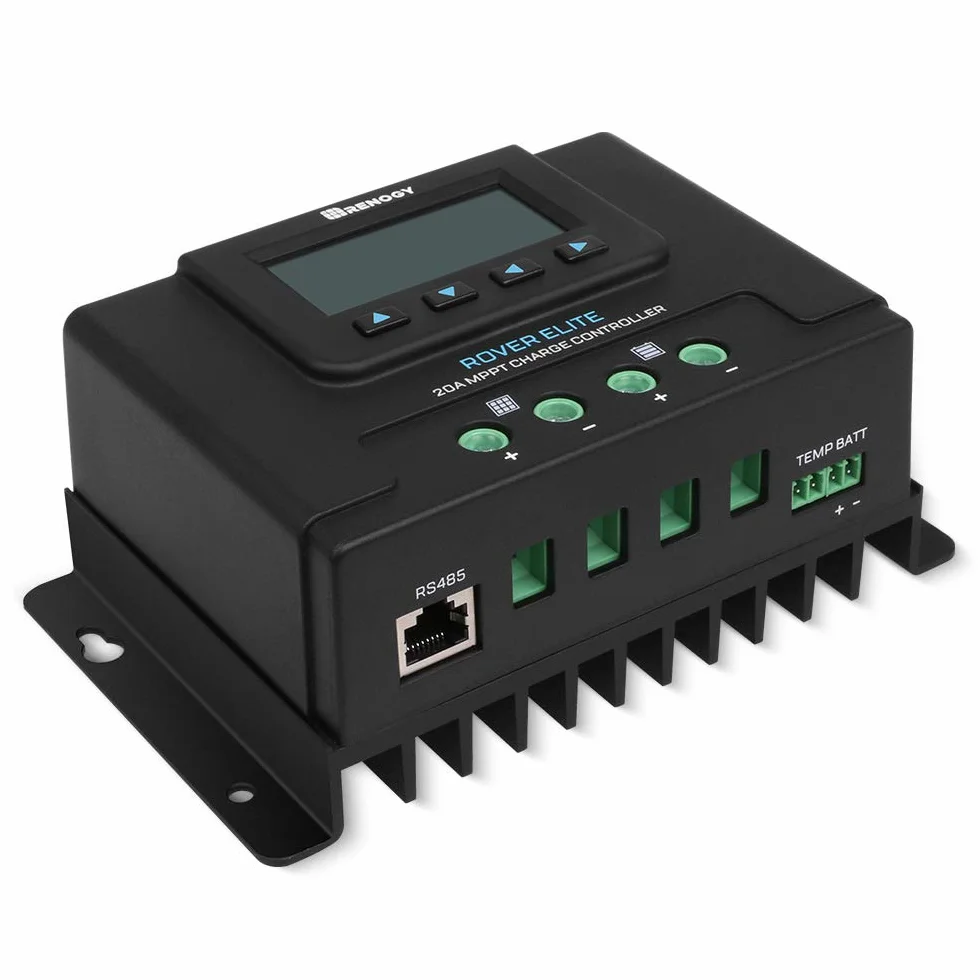 Renogy 20 A 12 V/24 V automatyczny regulator ładowania słonecznego MPPT z podświetlanym wyświetlaczem LCD z czujnikiem temperatury, pasuje do żelowych zalanych baterii i litowych, Rover Elite 20A