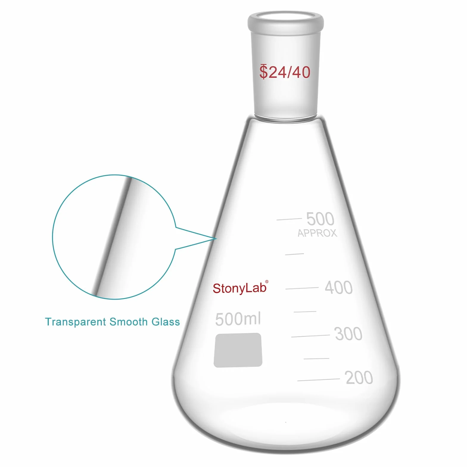 Erlenmeyer Flask 24/40 500ml Vidrio de Borosilicato Pared Gruesa con Junta Cónica