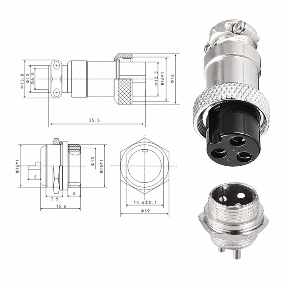5 sztuk 3-biegunowych GX16 wtyczka Aviation, gwint 16 mm, metalowe złącze kablowe do lotnictwa, 5 A, męskie, damskie, z gumową nasadką