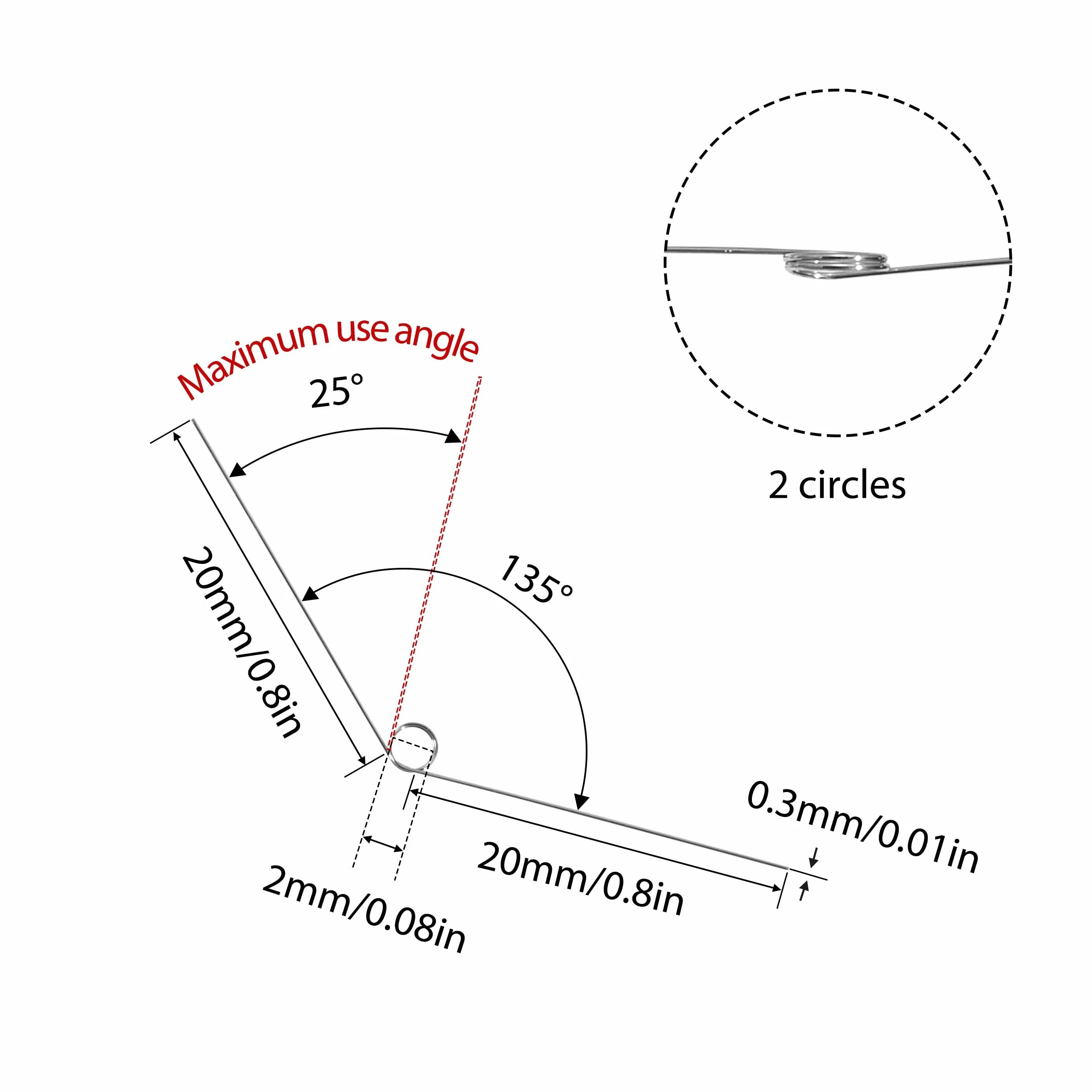 10 szt. sprężyn skrętnych ze stali nierdzewnej średnica drutu 0,3 mm średnica wewnętrzna 2 mm długość ramienia 20 mm kąt 135° 2 obroty prawy obrót 0,3 x 2 x 20 mm