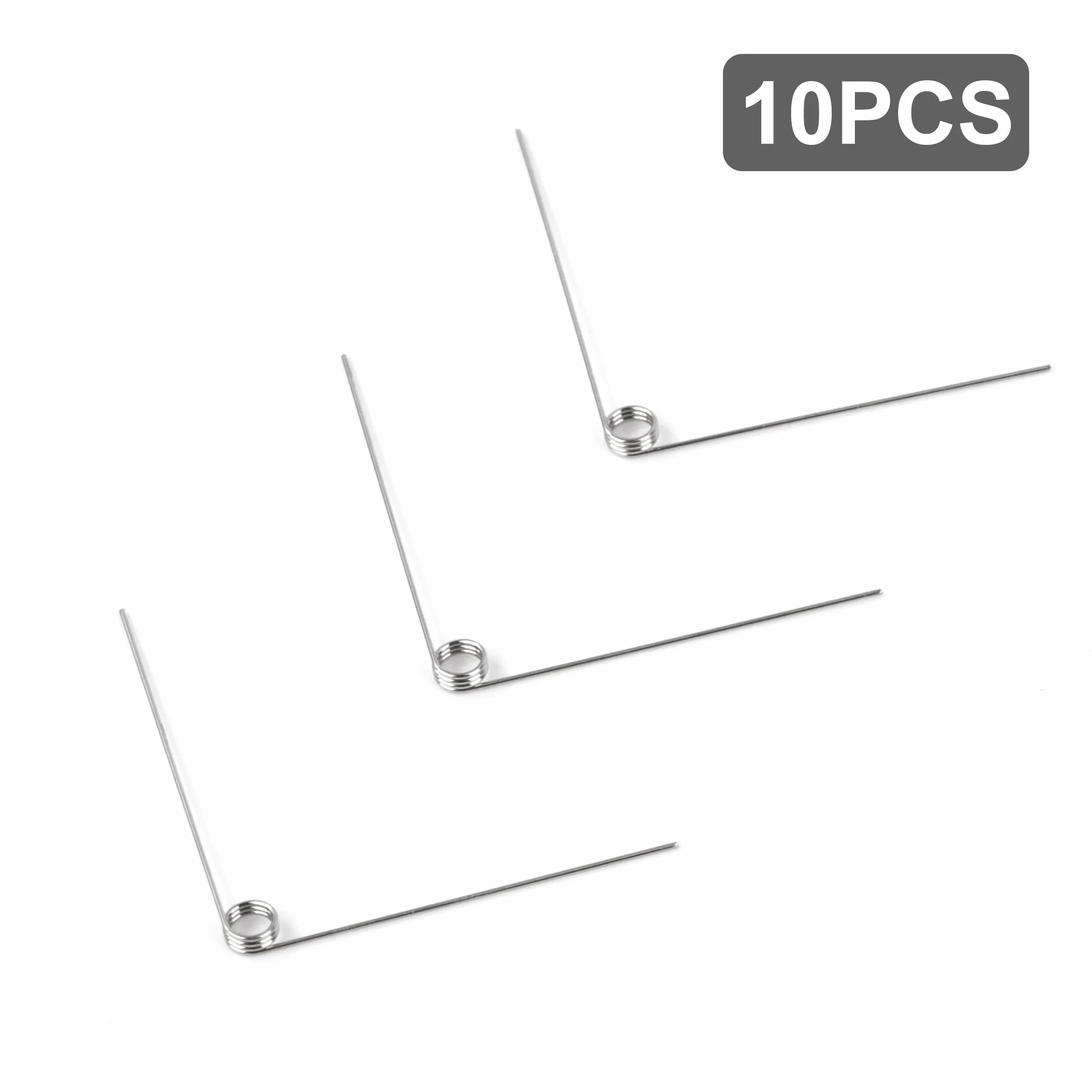 10 szt. sprężyn skrętnych ze stali nierdzewnej średnica drutu 0,3 mm średnica wewnętrzna 2 mm długość ramienia 20 mm kąt 90° 3 obroty lewy 0,3 x 20 mm