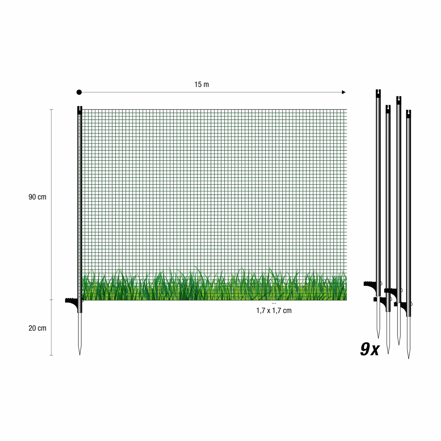 horizont FLEX Ogrodzenie ograniczające, 15 m x 90 cm, o drobnych oczkach, włókno szklane, zielone, mobilne, specjalne ogrodzenie do ogrodu, na kemping