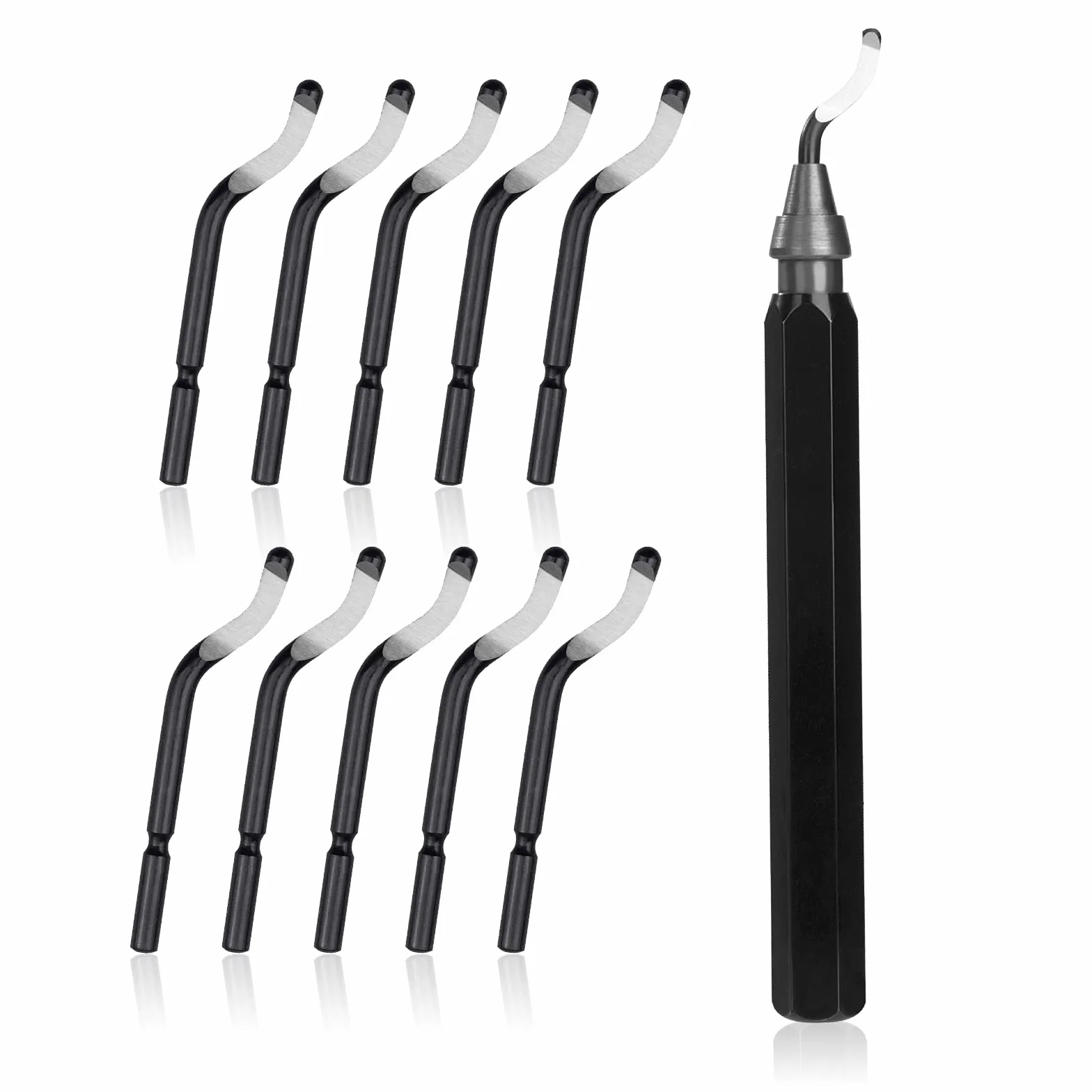 QIMEI-SHOP Narzędzie do usuwania zadziorów z 10 ostrzami, obracany o 360°, metalowy uchwyt, narzędzie do usuwania zadziorów do drukarki 3D, tworzywo sztuczne, aluminium, stal nierdzewna, 11 sztuk