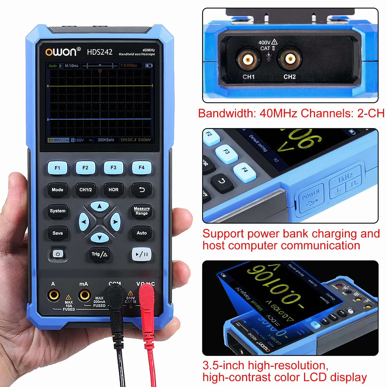 OWON HDS242 Przenośny Cyfrowy Oscyloskop Multimetr 2CH USB Typ C 40MHz 3.5 LCD Test Metr