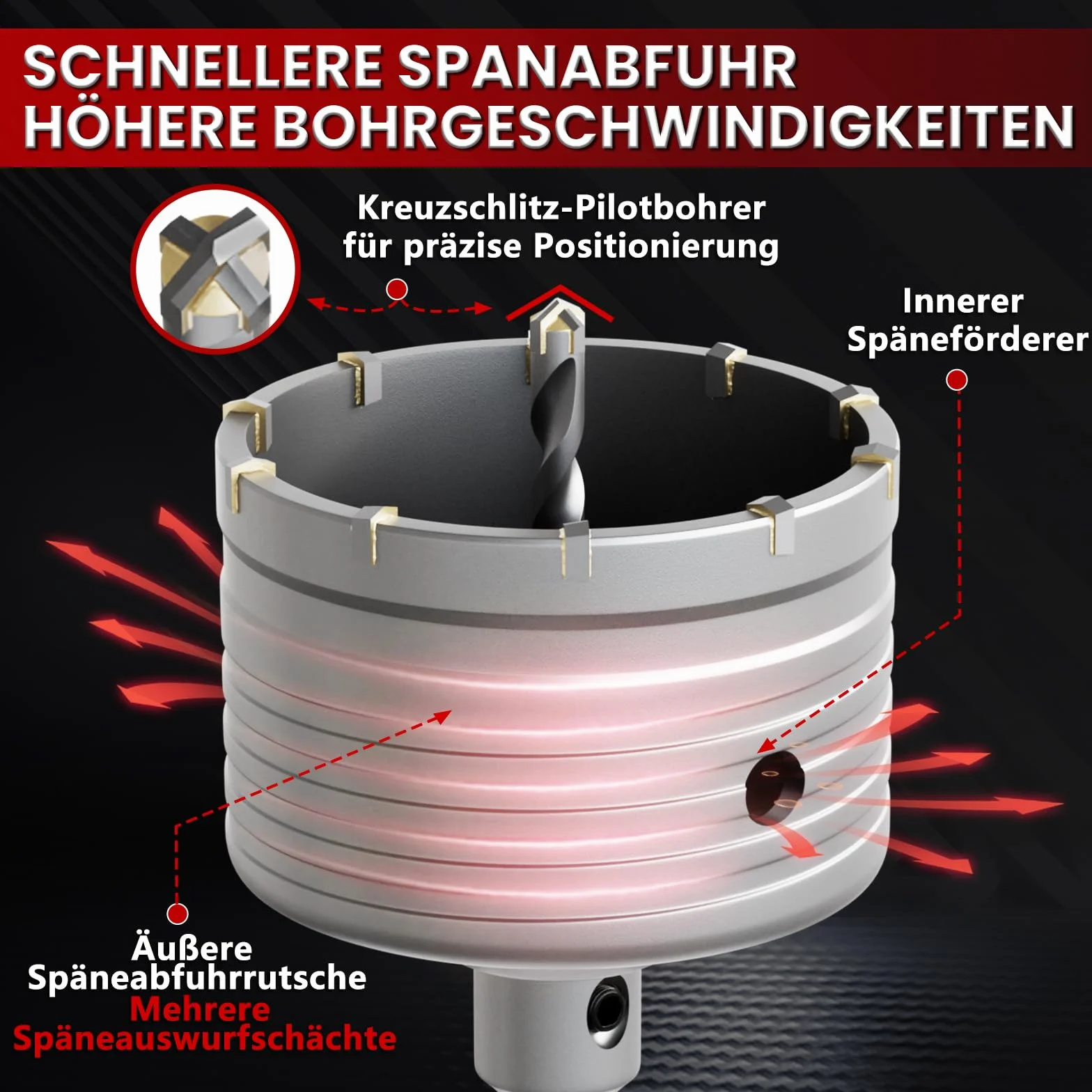 CSOOM Otwornica do betonu 115 mm z przedłużeniem SDS-Plus 220 mm, zestaw otwornic do betonu, 4 x wiertło centrujące 8 x 110 mm, końcówka z twardego metalu, 2 x wiertło centrujące