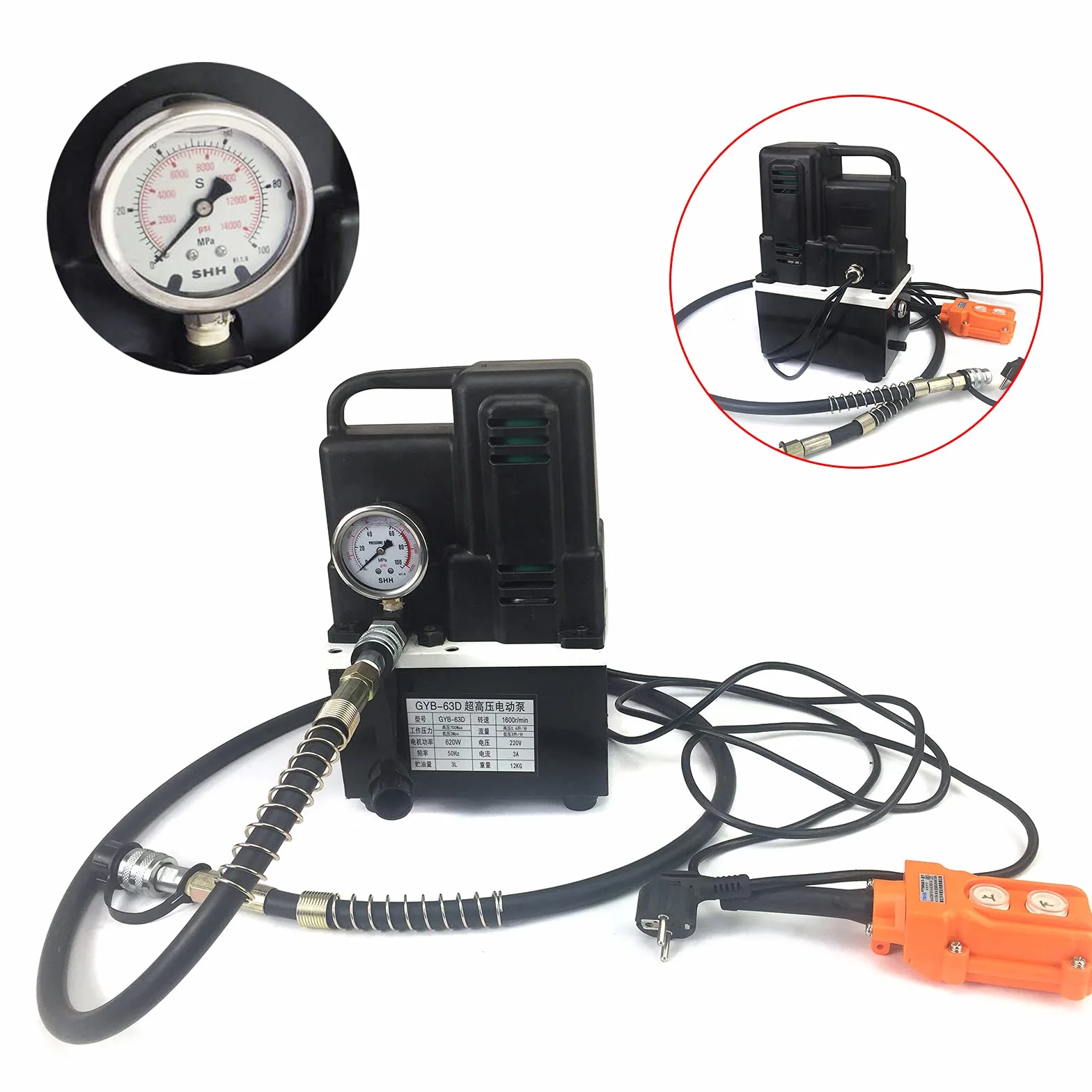 Elektryczna pompa hydrauliczna, 1200 W, 700 bar, wysokie ciśnienie, olej hydrauliczny, pojedyncza pompa olejowa, wysoka i niska wydajność ciśnienia, wyposażona w przewodowy pilot zdalnego sterowania