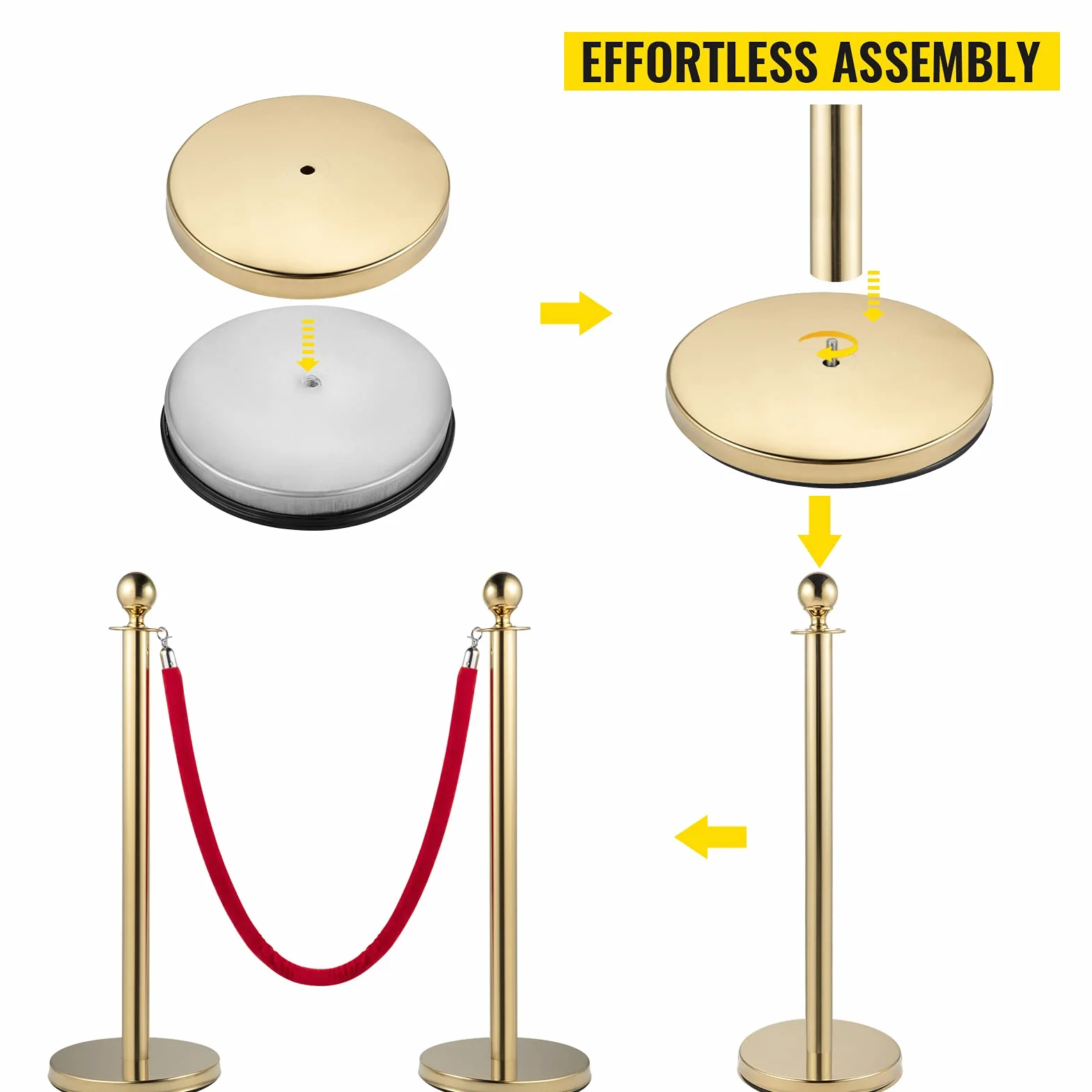 VEVOR słup prowadzący 8 sztuk złota słupka z czerwonym aksamitem 1,5 m stal nierdzewna bariera znaczników