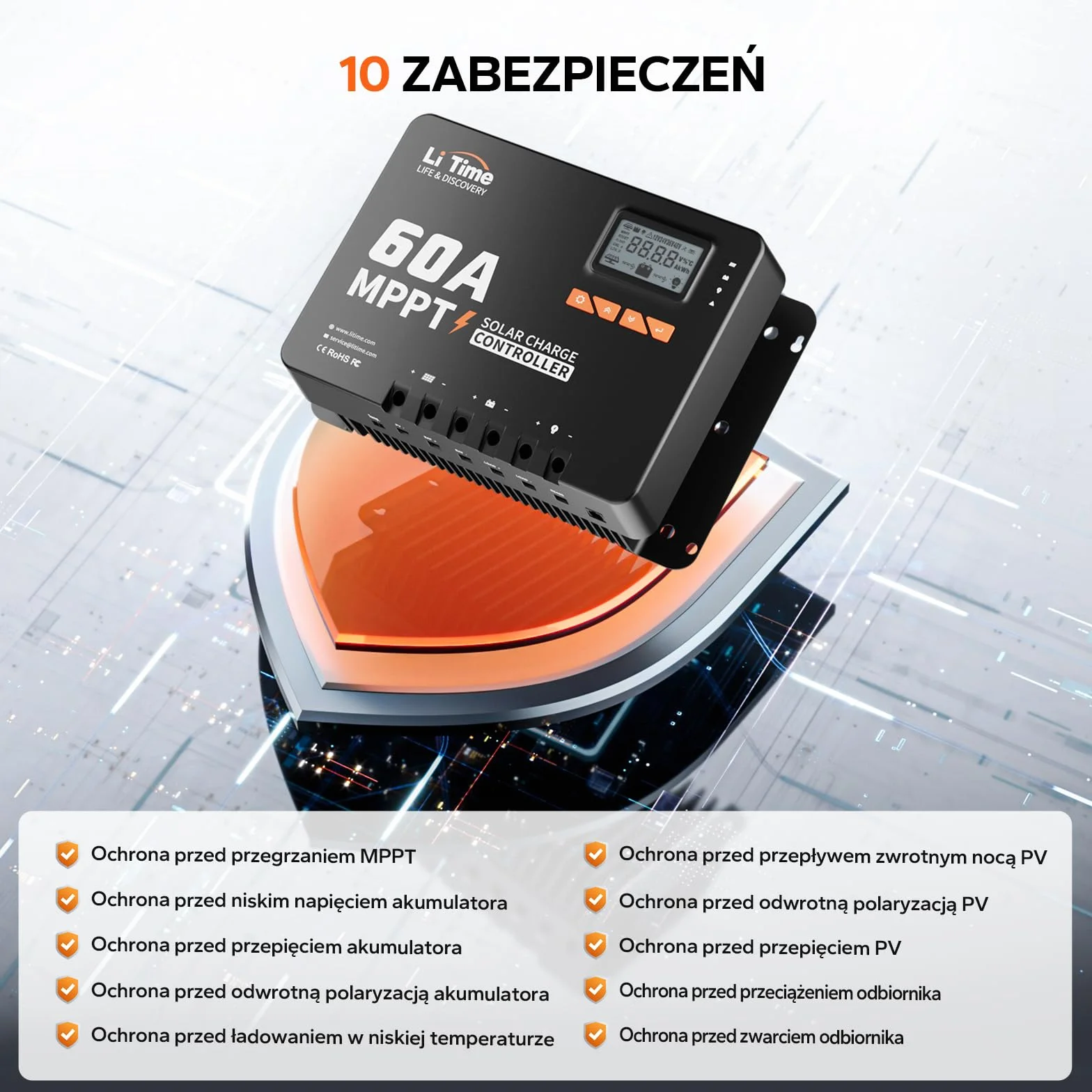 LiTime MPPT solarny regulator ładowania 60 A, 12 V/24 V/36 V/48 V, maks. 3200 W, adapter Bluetooth, regulowany wyświetlacz LCD, wyświetlacz LED do baterii litowej