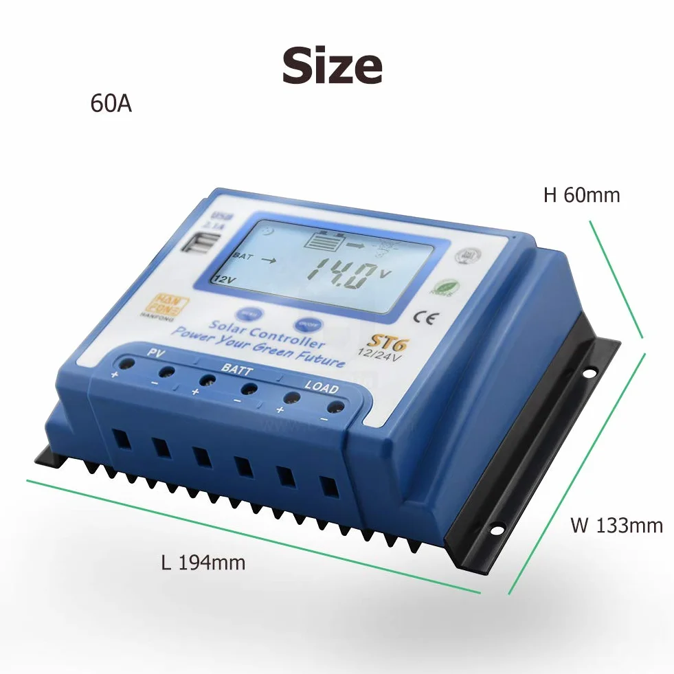 SolaMr 60A Solar Charge Controller 12V/24V Intelligent Regulator z wyświetlaczem LCD i podwójnym portem USB dla baterii panelu słonecznego - ST6-60A