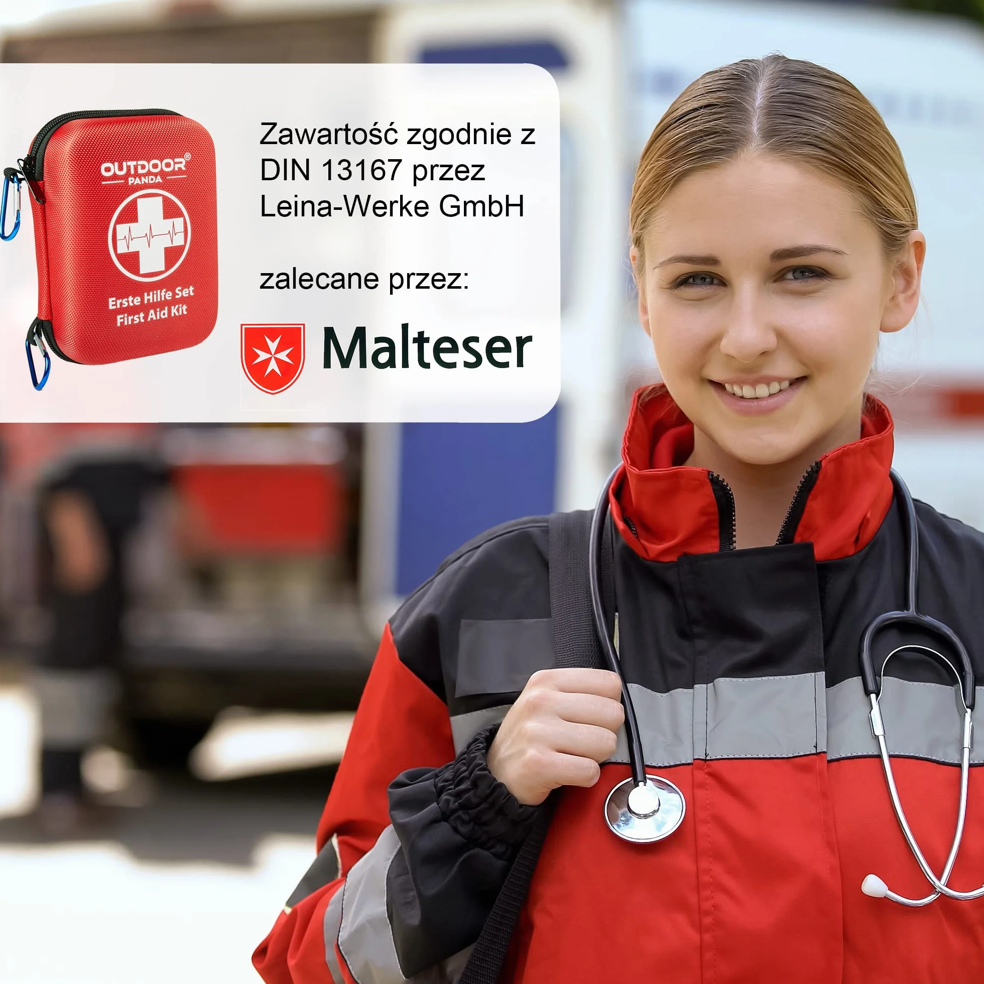 Emergency First Aid Kit z zawartością z Niemiec zgodnie z DIN 13167 | w tym Emergency Resuscitation Aid & Burnshield Gel na oparzenia