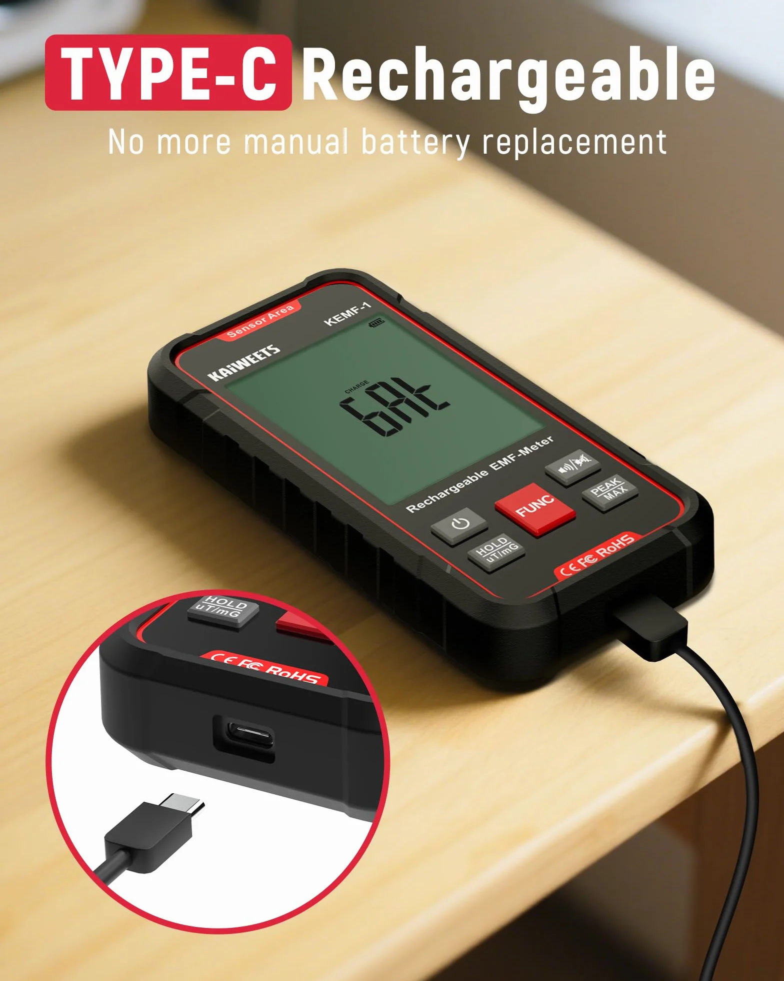 KAIWEETS miernik EMF z wyświetlaczem LED, EF/MF/RF, USB-C, przenośny
