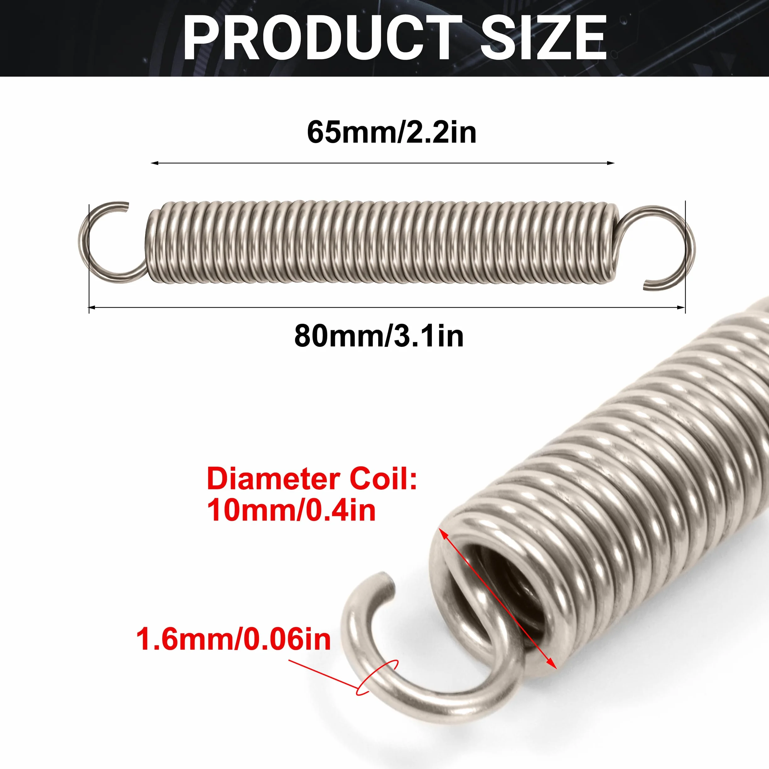 Sprężyny naciągowe 80 mm Sprężyna naciągowa Podwójny hak ze stali nierdzewnej Średnica drutu 1,6 mm Średnica zewnętrzna 10 mm Ciągnięcie 8 kg 4 sztuki