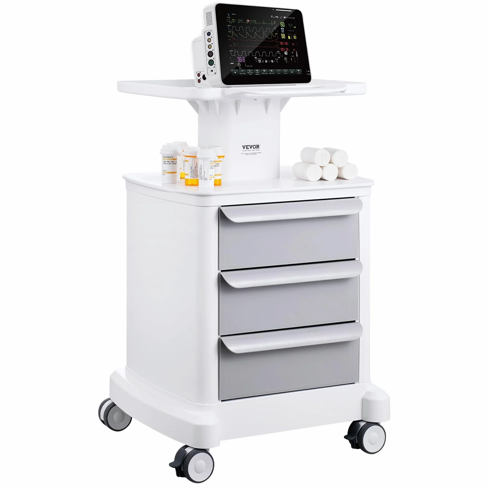 VEVOR Wózek laboratoryjny z 4 poziomami, mobilny wózek medyczny z 3 szufladami i 1 górną półką, wózek pielęgnacyjny z materiałem ABS, 4 ciche koła, do laboratorium, kliniki, szpitala, salonu