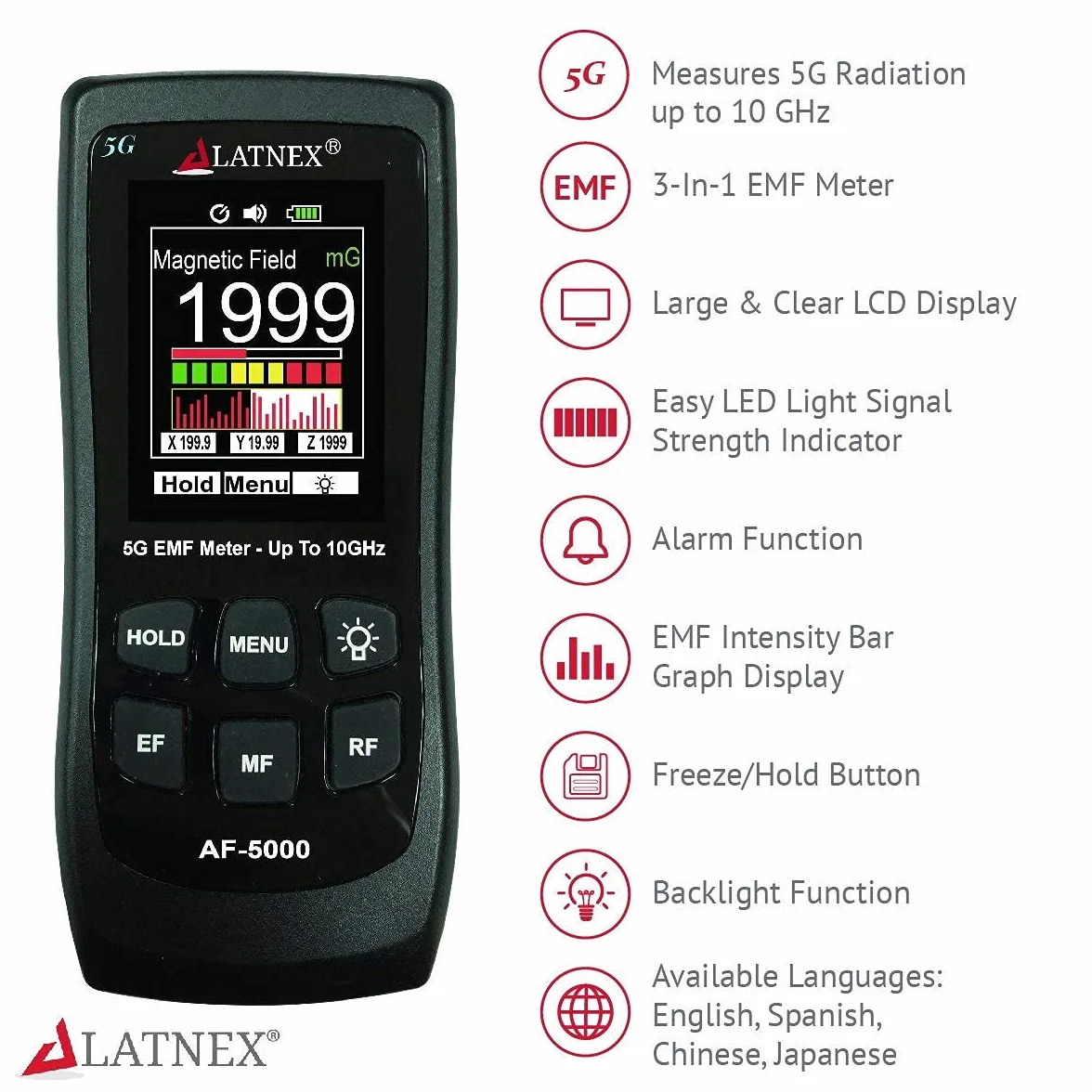 LATNEX AF-5000 Trójosiowy tester EMF 5G RF mikrofalówka i pola elektryczne ELF z certyfikatem kalibracji