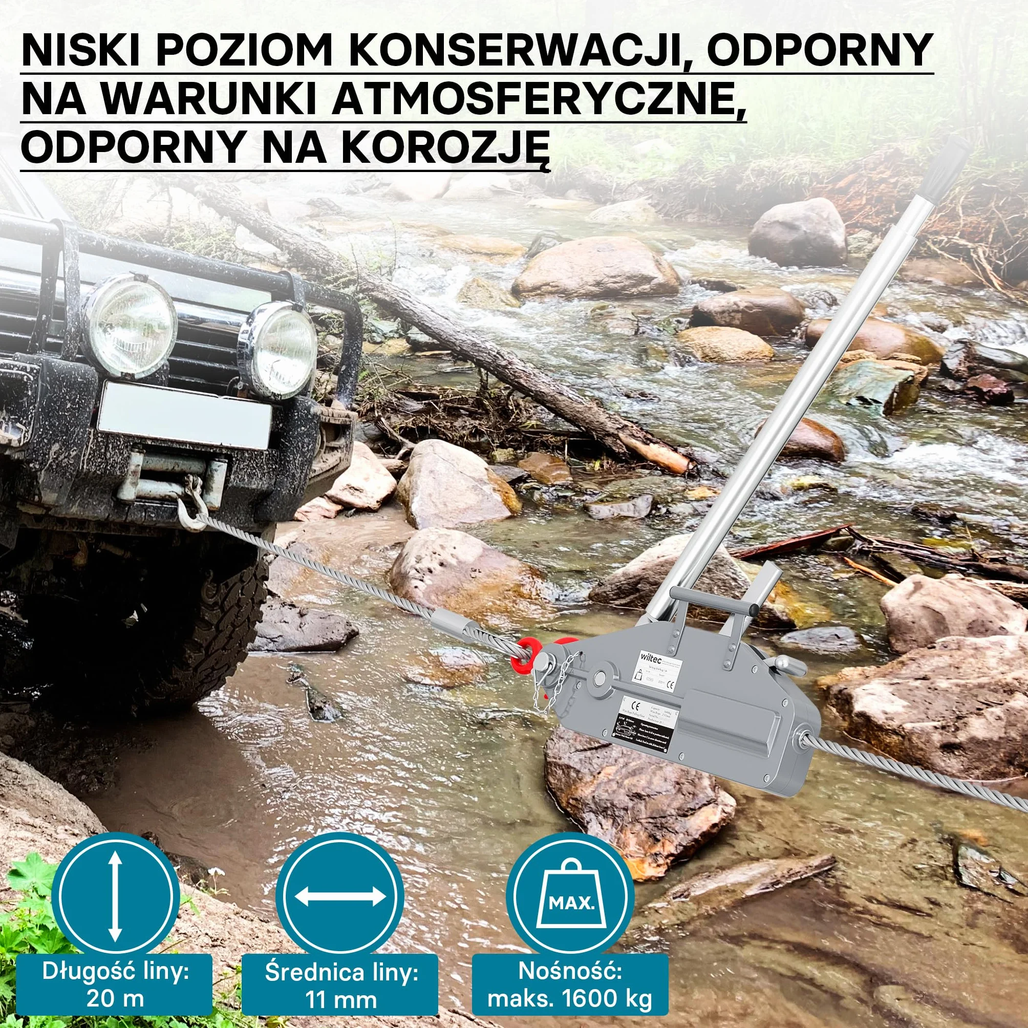 Wiltec Ręczna wciągarka linowa 1600 kg stalowa lina 20 m Ø 11 mm hak z blokadą