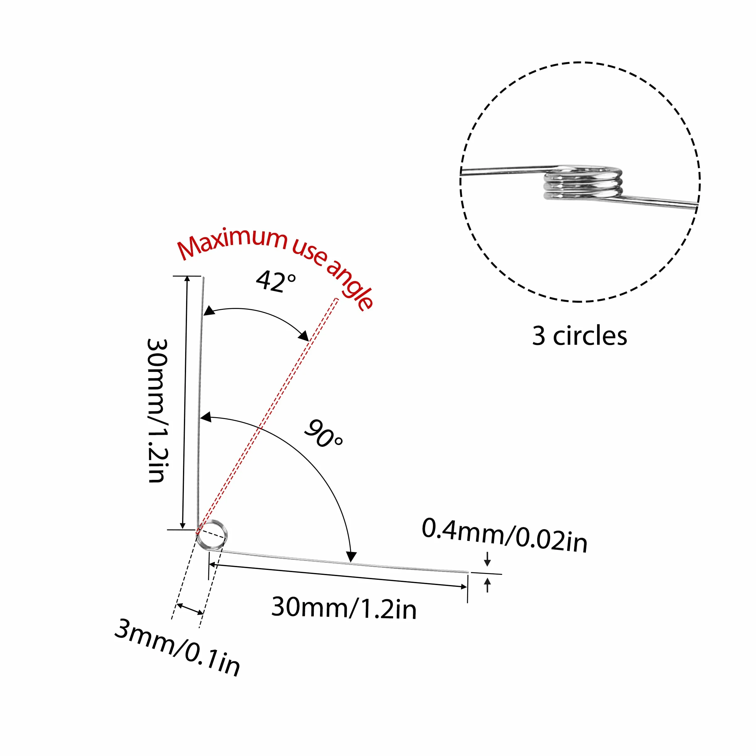 Sprężyny skrętne ze stali nierdzewnej 0,4x3x30 mm kąt 90° 3 obroty 10 sztuk