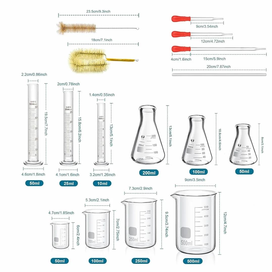 4-stopniowy zestaw zlewek Erlenmeyer, zestaw cylindrów z miarką, 3 szklane cylindry z 3 stożkowymi buteleczkami, z 3 szklanymi pipetami, 2 szklane mieszadła i 2 szczotki do mycia