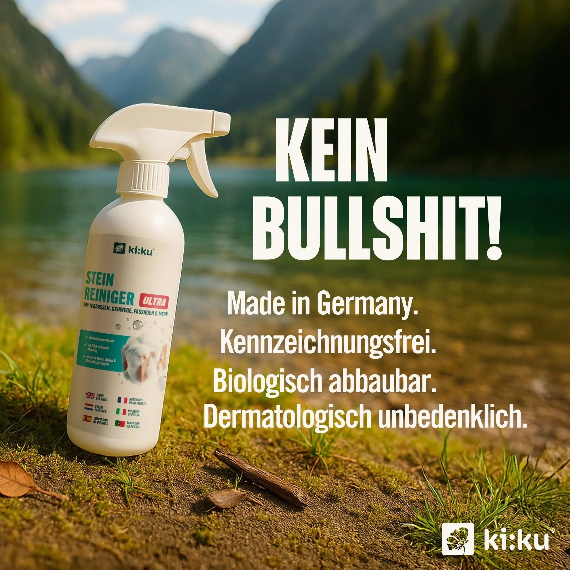 ki:ku® Ultra środek do czyszczenia kamienia | bezkwasowy środek do czyszczenia powierzchni zewnętrznych, przeciwko olejowi, sadzie, mchowi i brudowi, na taras, chodnik, fasadę, mocny i przyjazny dla